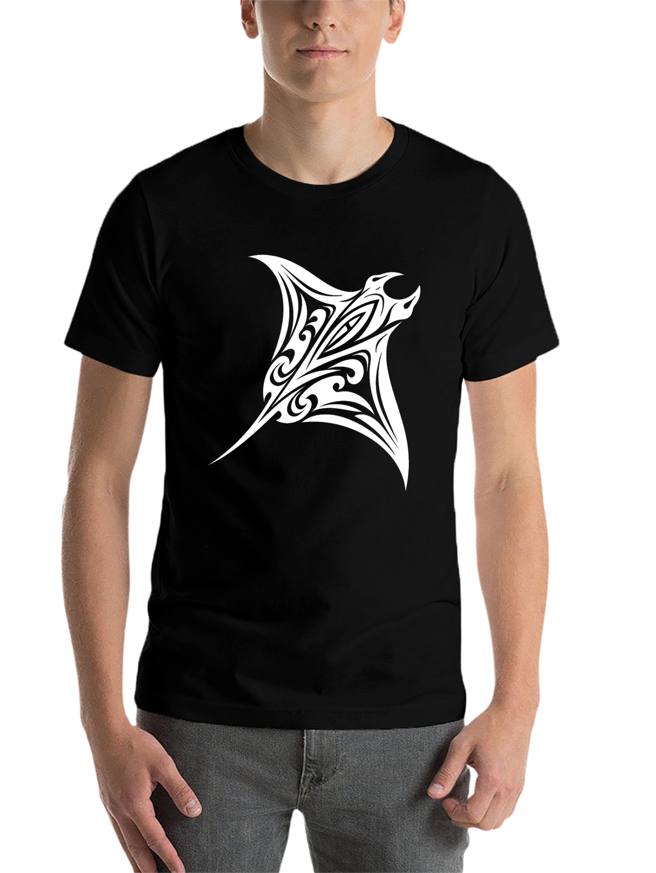 Black Tribal Manta Ray Graphic Tee - Black view 7