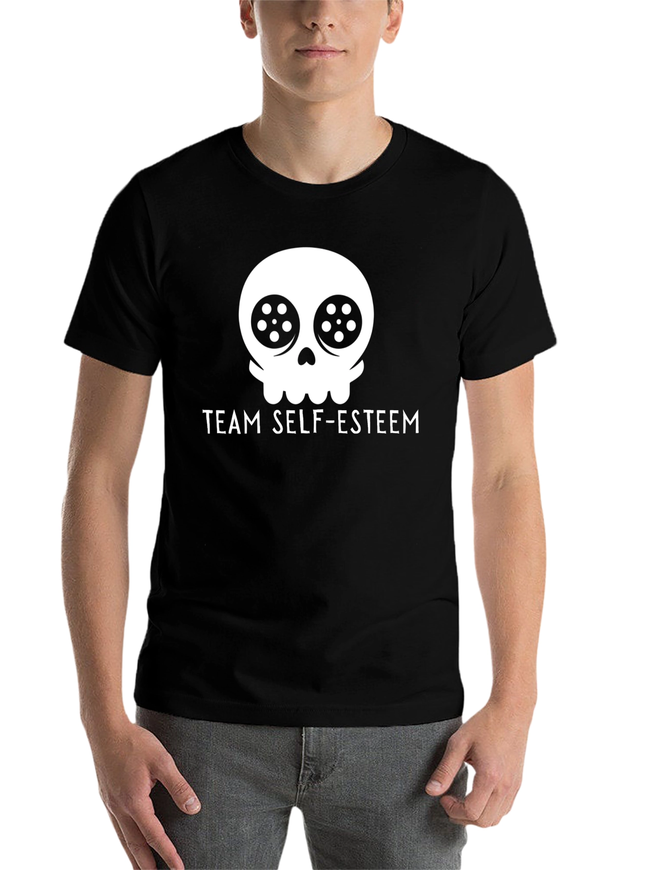 Black Team Self-Esteem Skull Graphic Tee - Black Cotton T-Shirt view 7