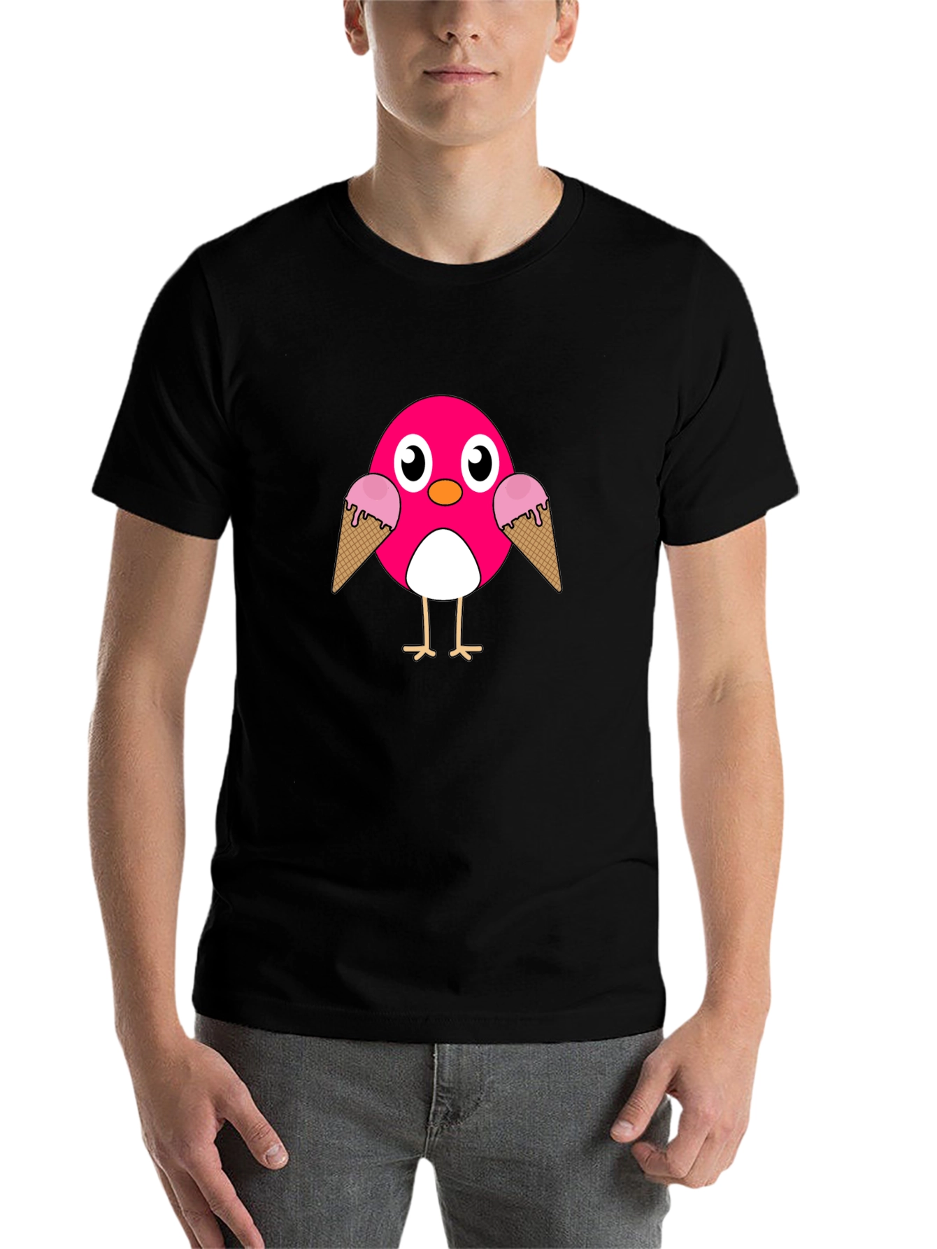 Black Cute Pink Bird with Ice Cream T-Shirt view 7