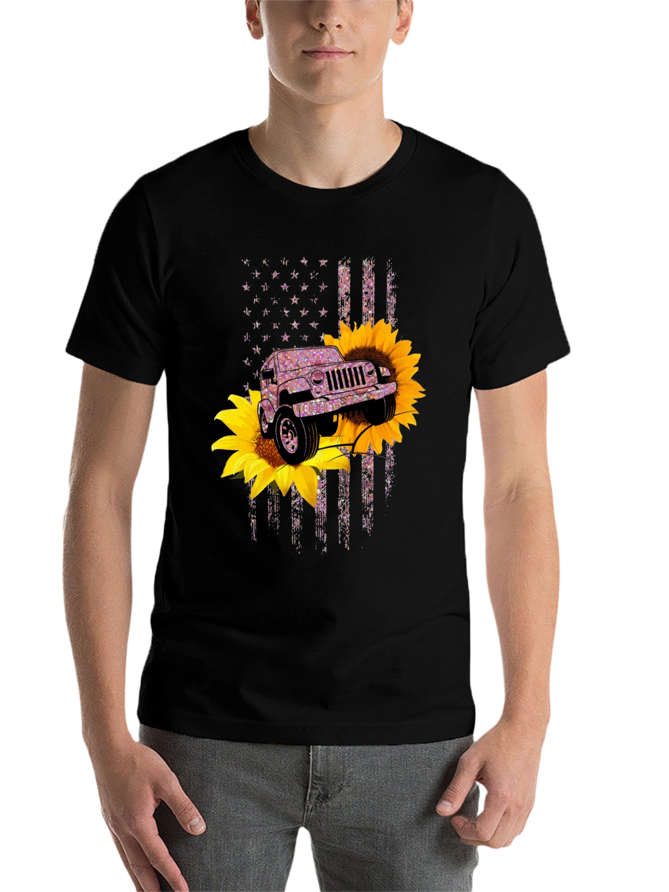Black Sunflower Jeep T-Shirt - Patriotic Flag Design view 7