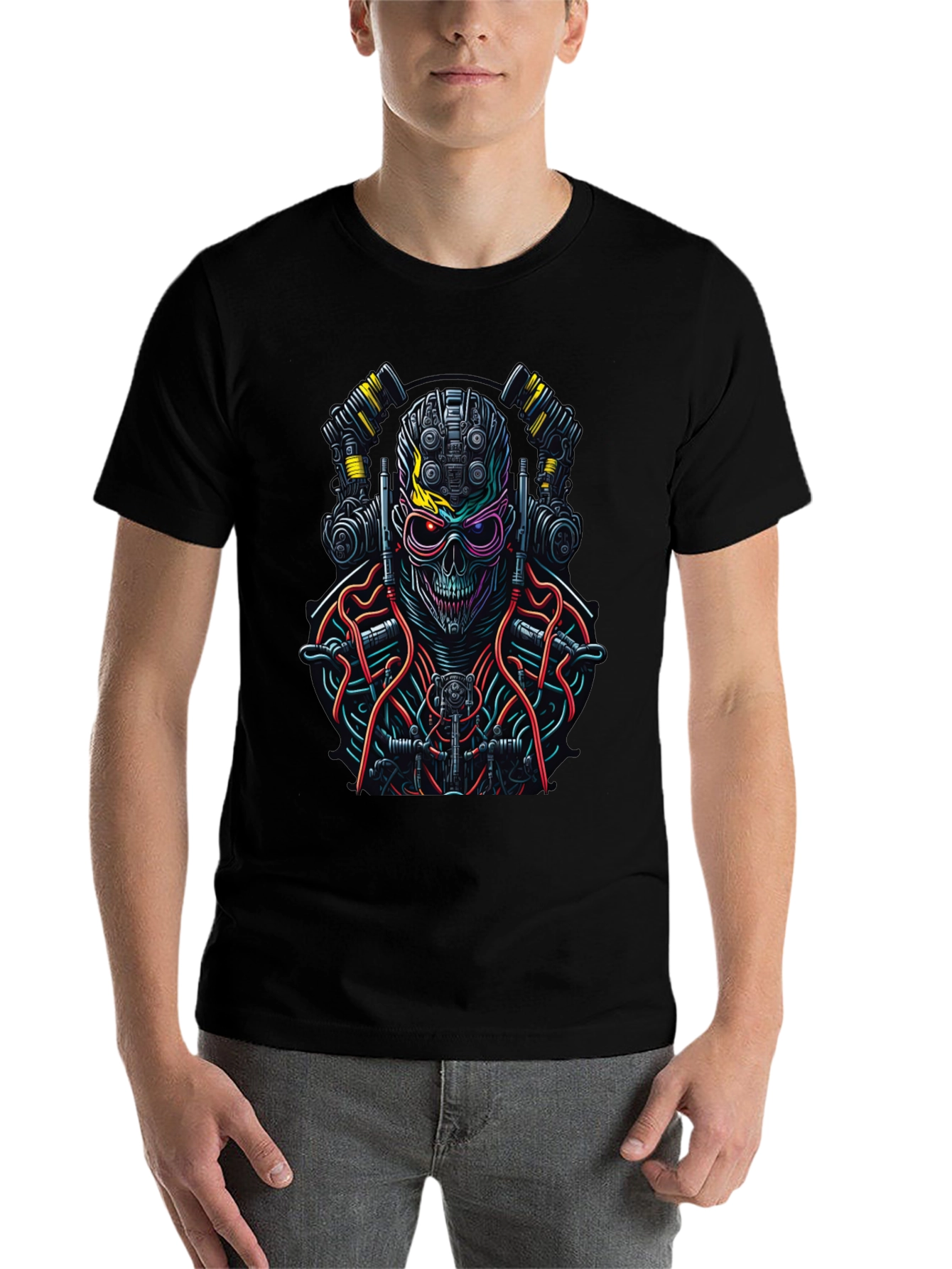 Black Cyberpunk Skull Graphic Tee - Unique Robot Skeleton Design view 7