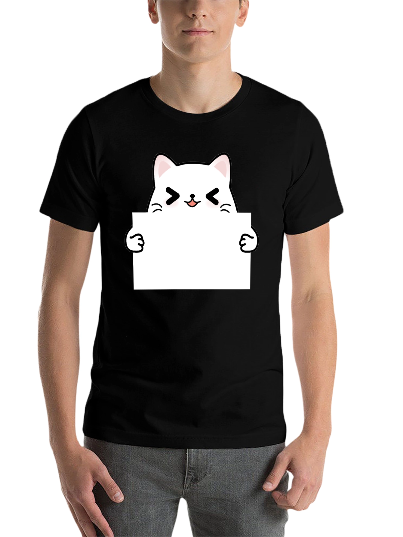 Black Cute Kawaii Cat Black T-Shirt view 7