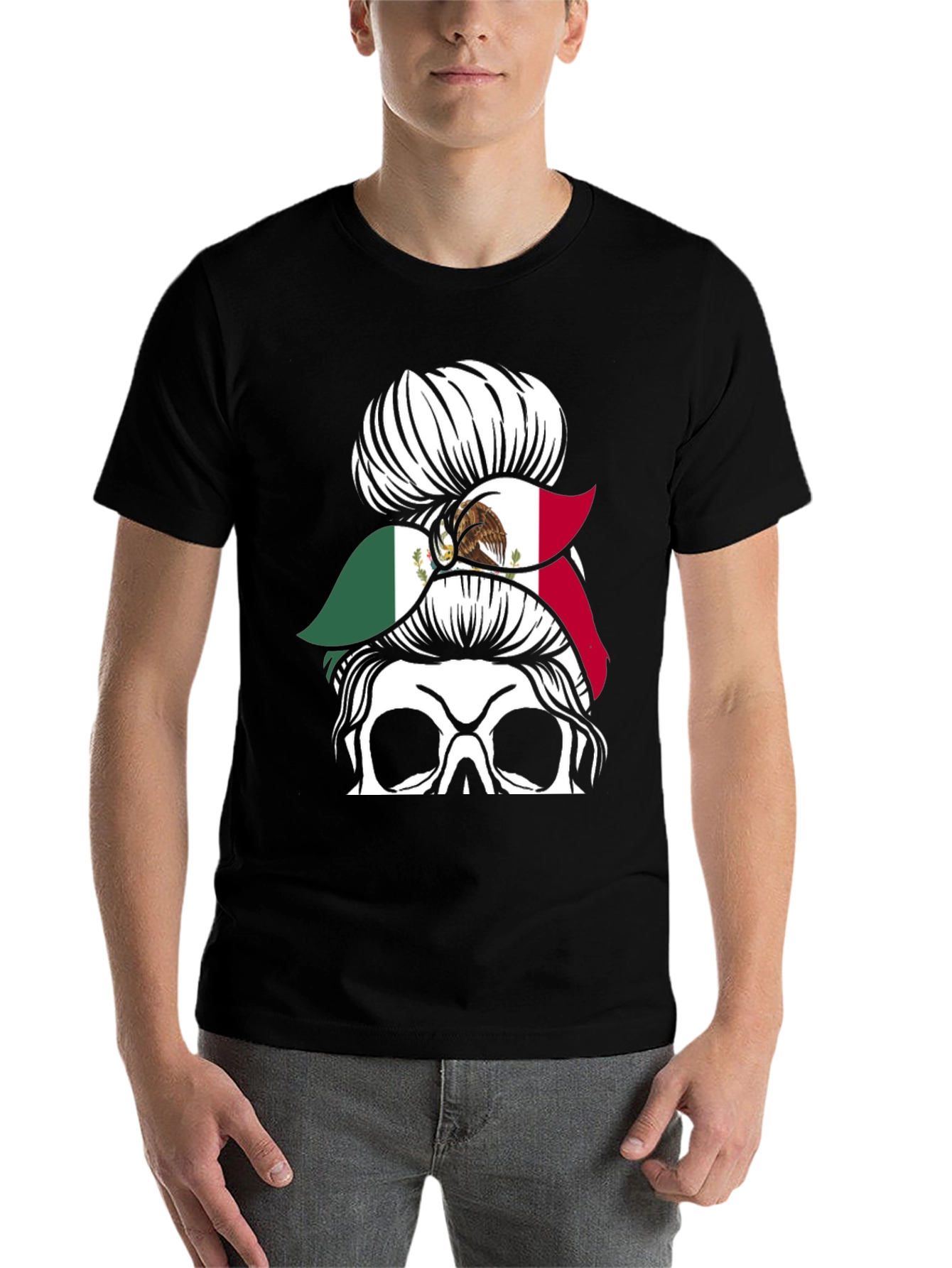 Mexican Flag Skull Messy Bun T-Shirt - 7
