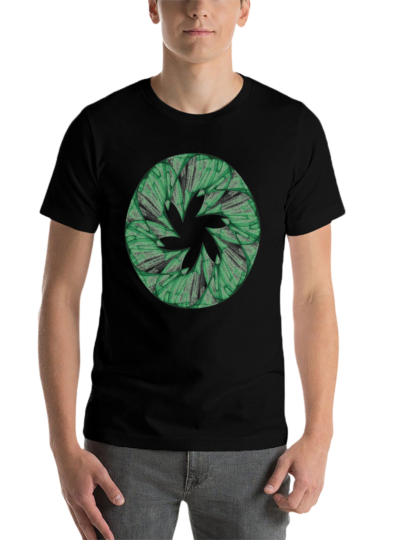 Black Abstract Green Floral Pattern Black T-Shirt view 7