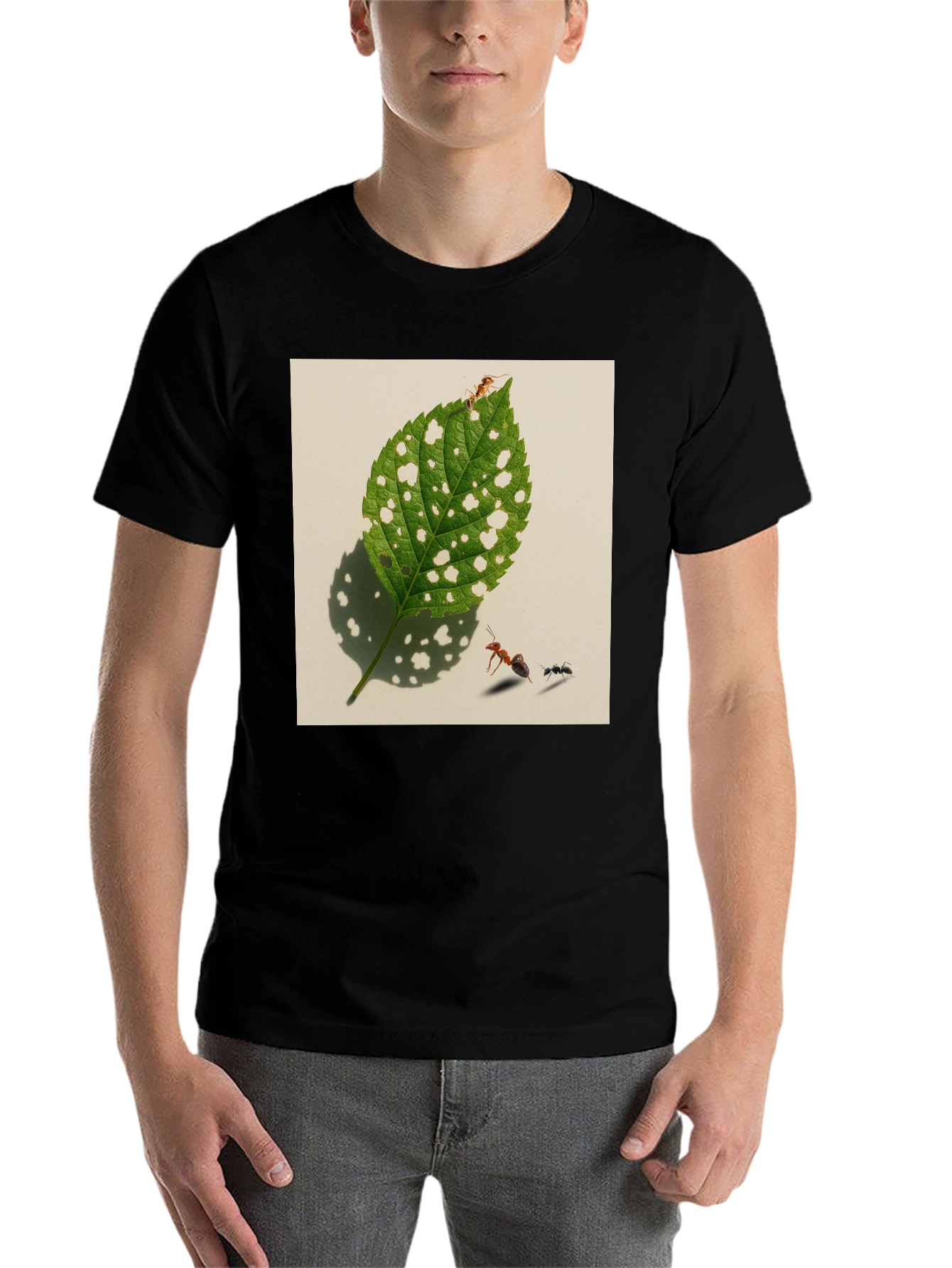 Black Ants & Leaf Graphic Tee - Unique Nature Shirt view 7