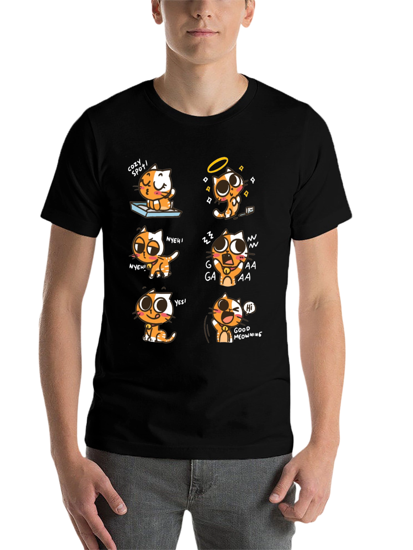 Black Cartoon Cat Graphic Tee -  Playful Comfort view 7