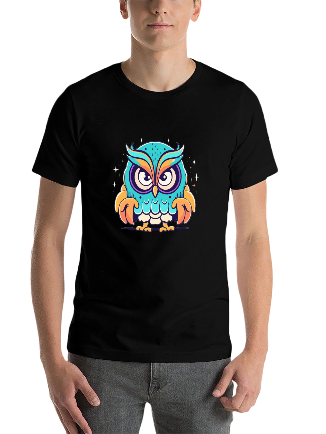 Black Cartoon Owl Graphic Black T-Shirt view 7