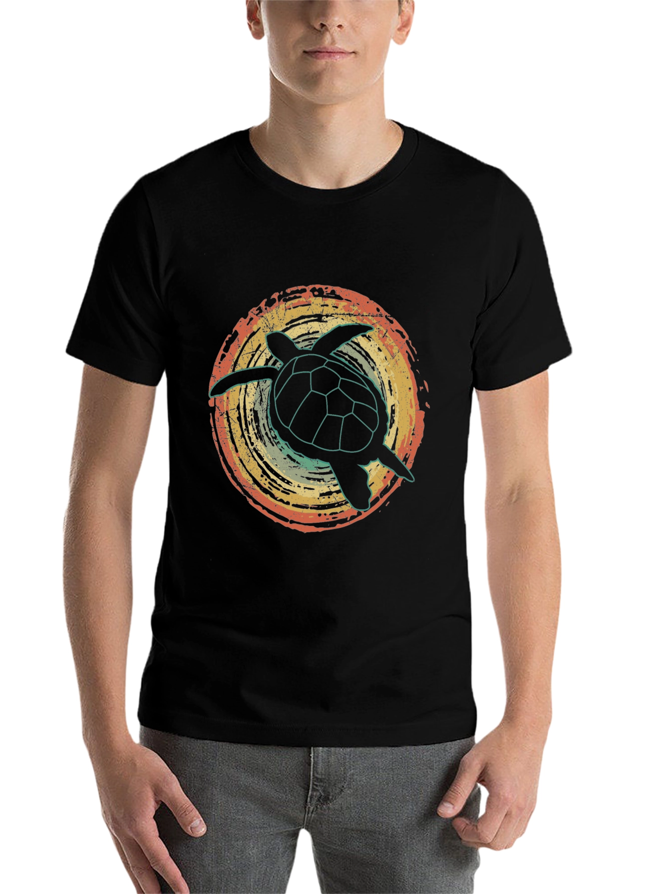 Black Retro Turtle Graphic Tee - Vintage Style Black T-Shirt view 7