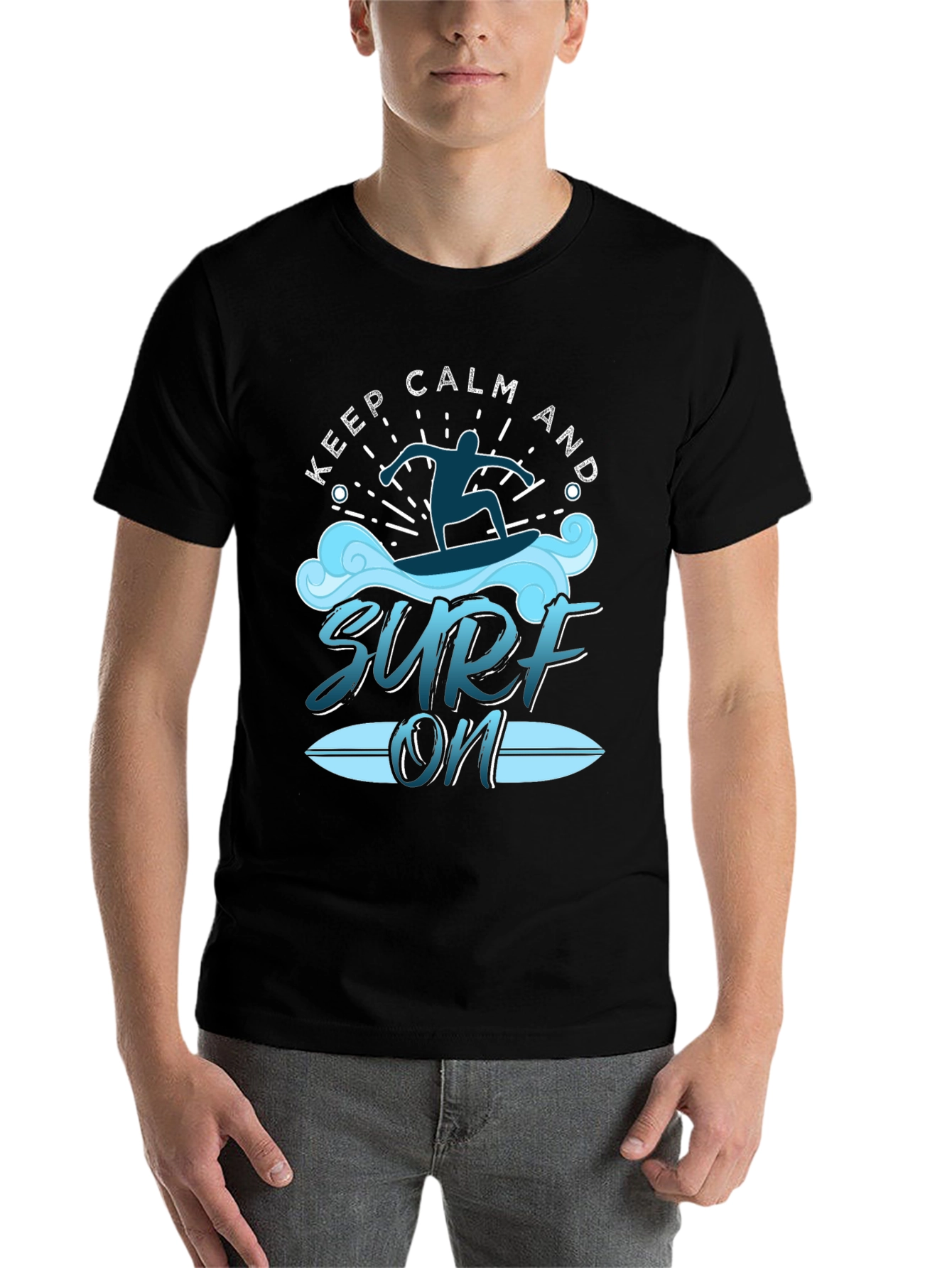 Black Keep Calm and Surf On Black T-Shirt view 7