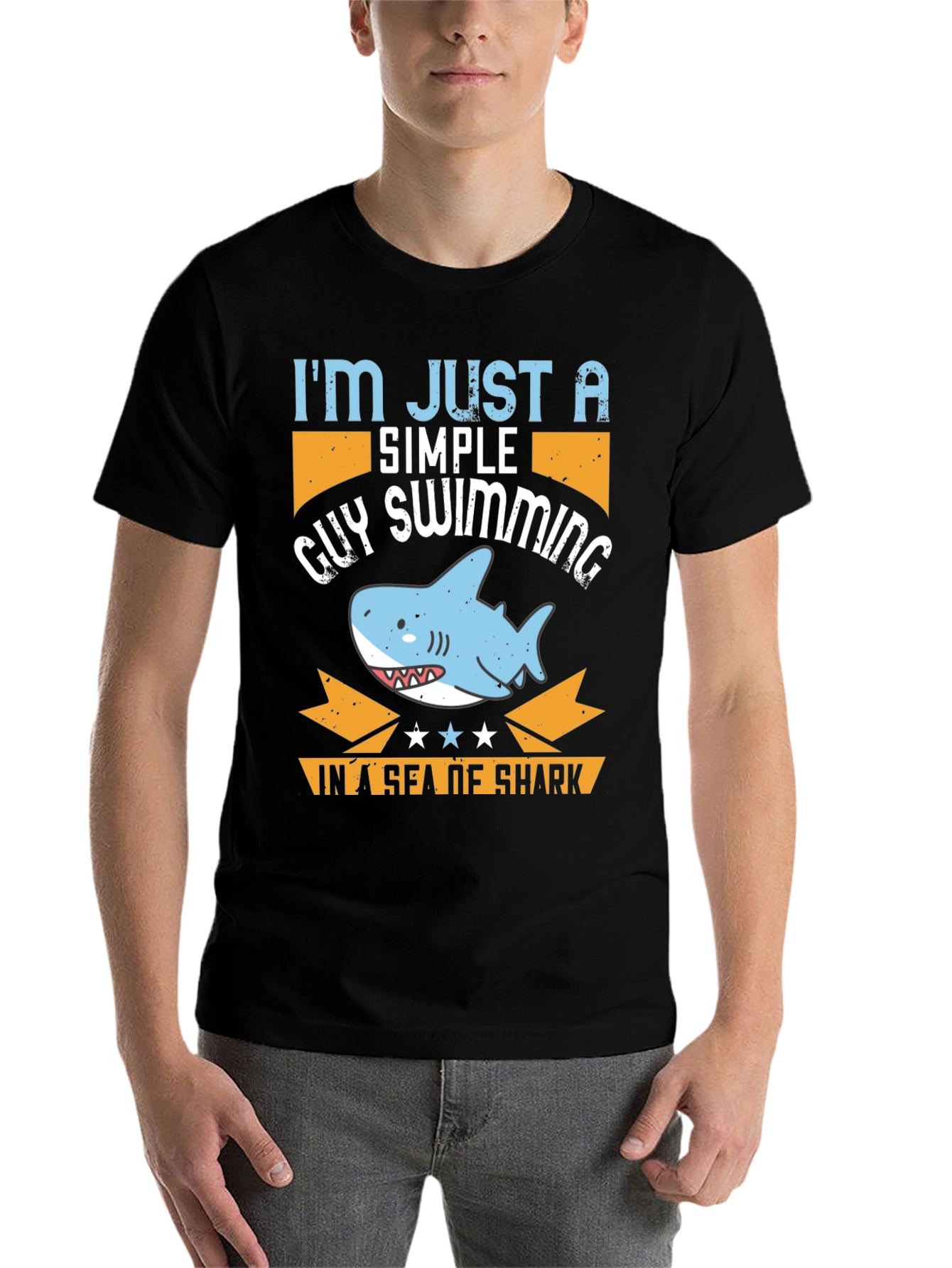 Black Simple Guy Swimming Shark T-Shirt view 7