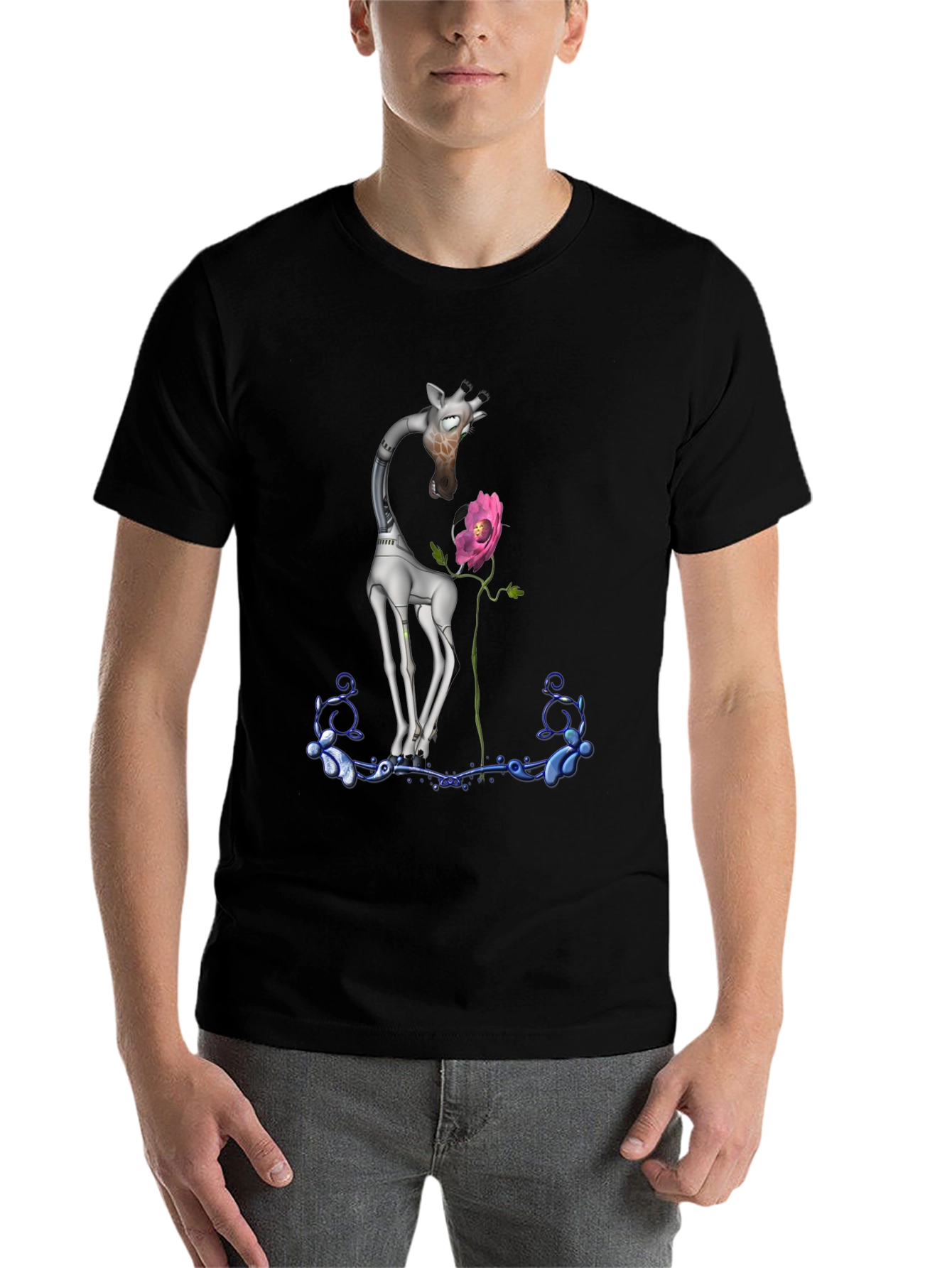 Black Robotic Giraffe & Flower Graphic Tee - Quirky Black T-Shirt view 7