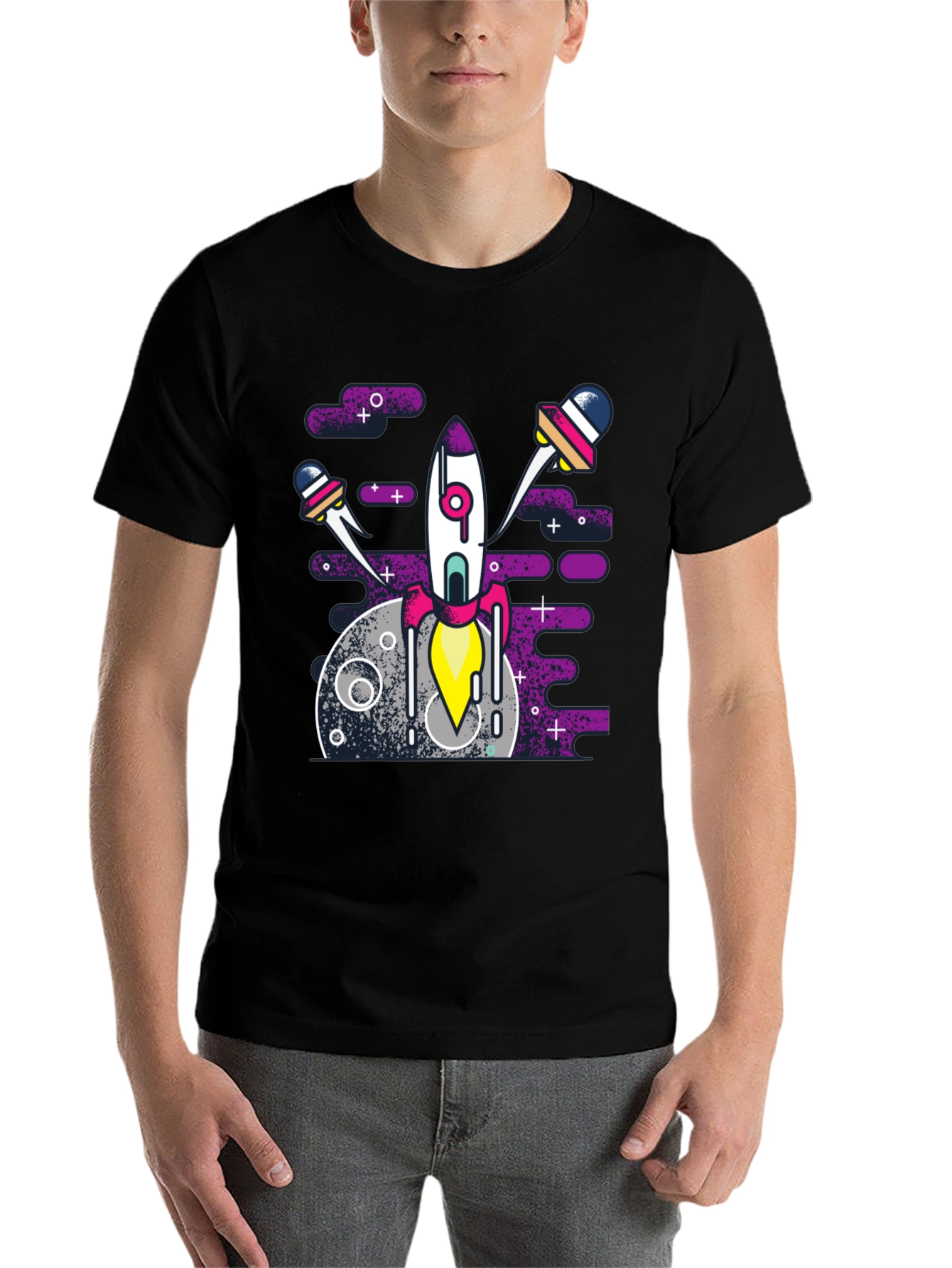Black Space Rocket Graphic Tee - Black Cotton Blend Shirt view 7