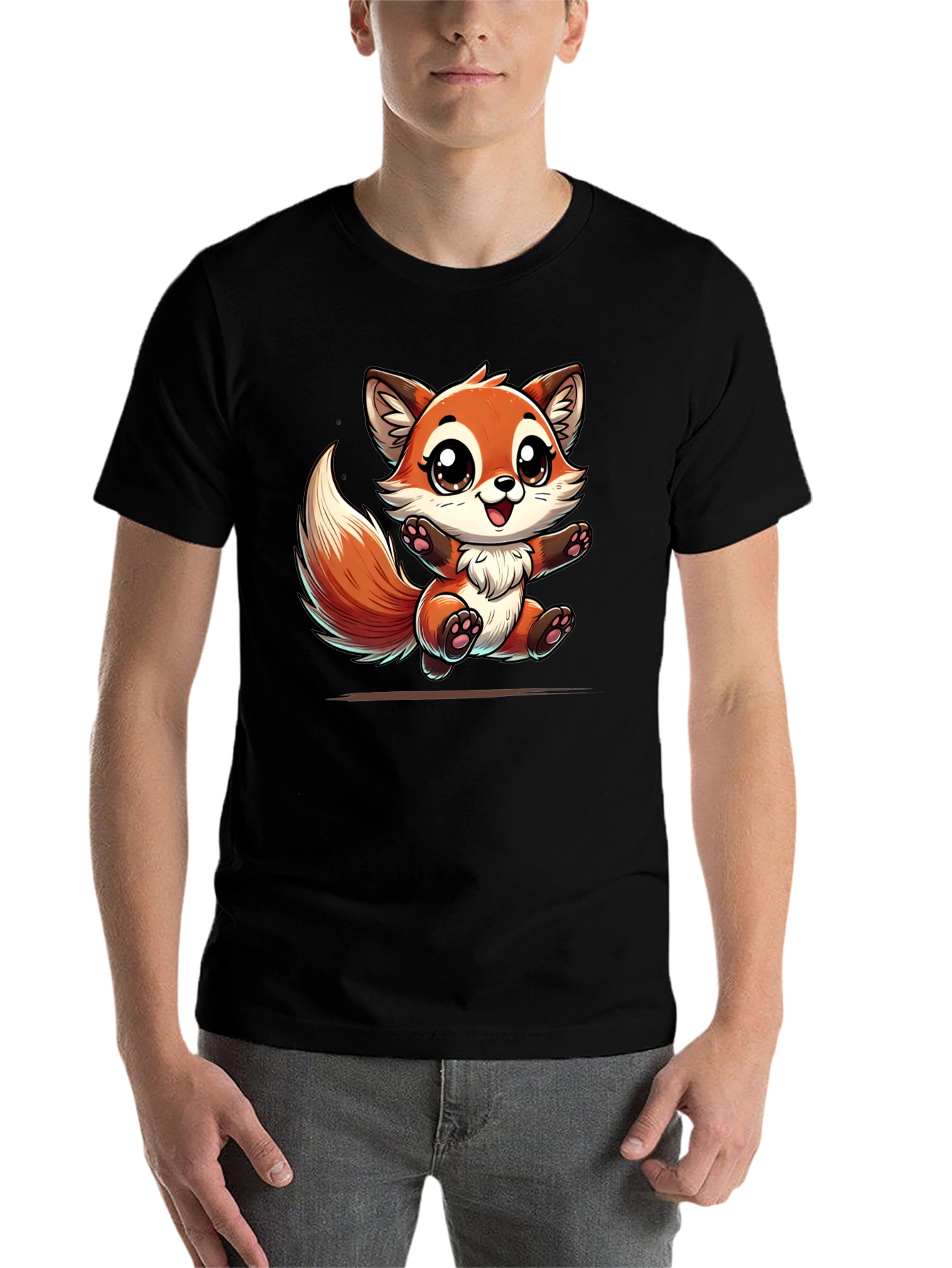 Black Cute Fox Graphic Tee - Black Cotton T-Shirt view 7