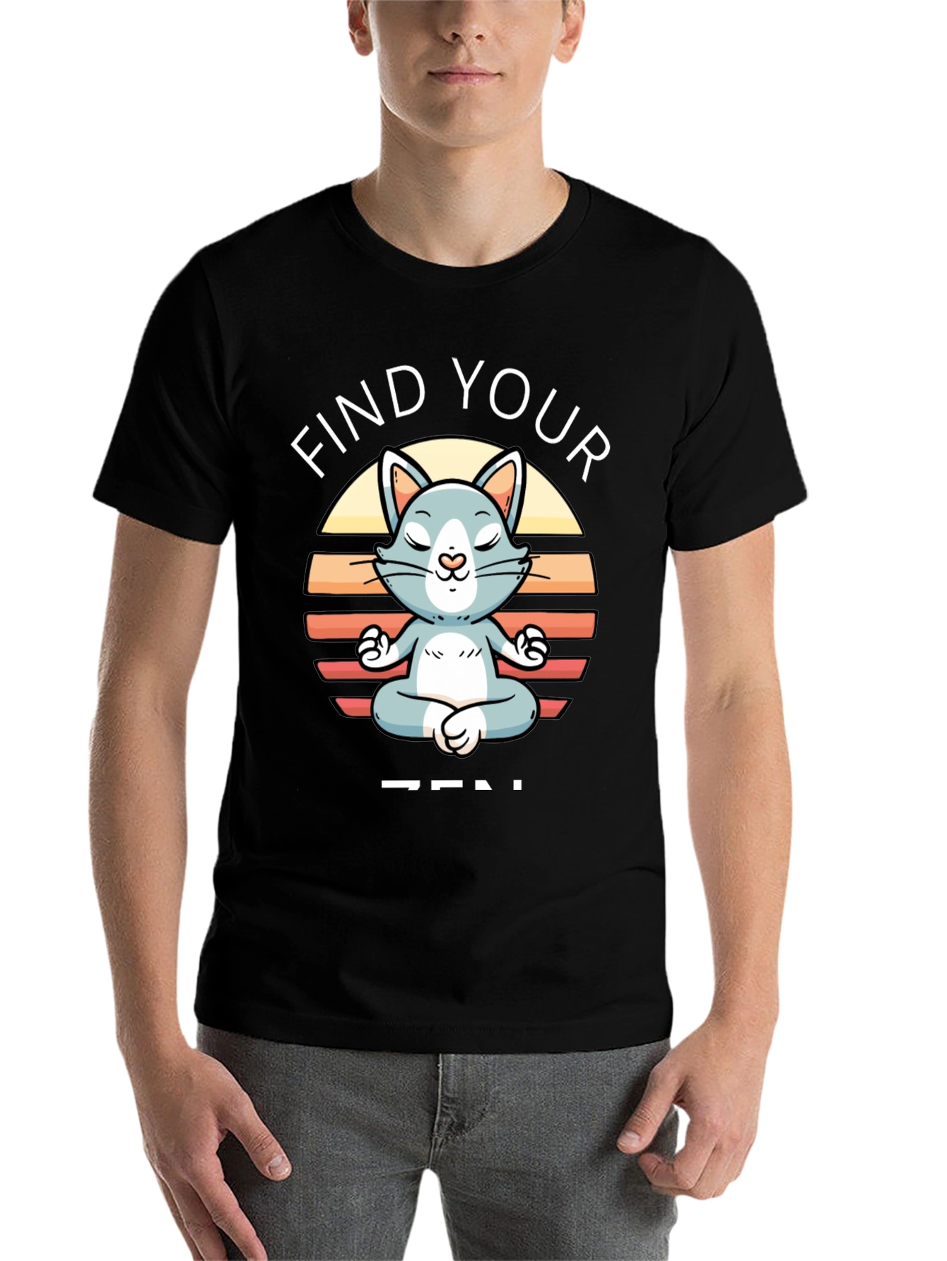 Black Find Your Zen Cat T-Shirt - Meditating Feline view 7