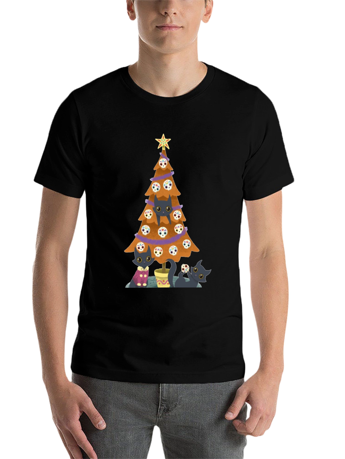 Black Cat Christmas Tree Black T-Shirt view 7