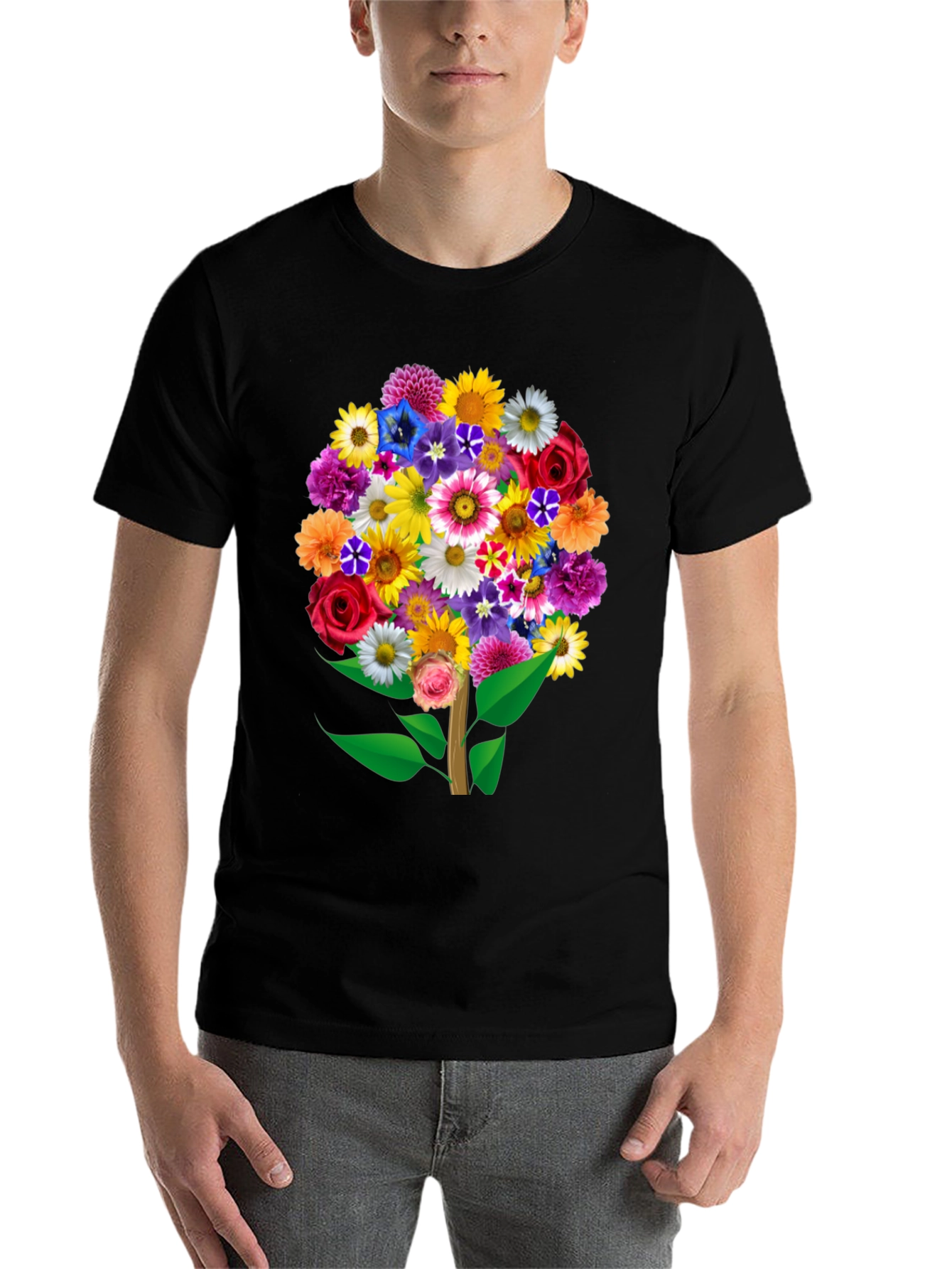 Black Floral Bouquet Tree Graphic Tee - Black Cotton T-Shirt view 7