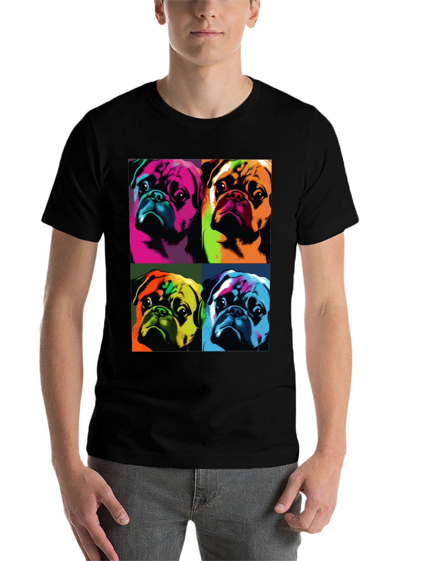 Black Pop Art Pug T-Shirt: Colorful Canine Graphic Tee view 7