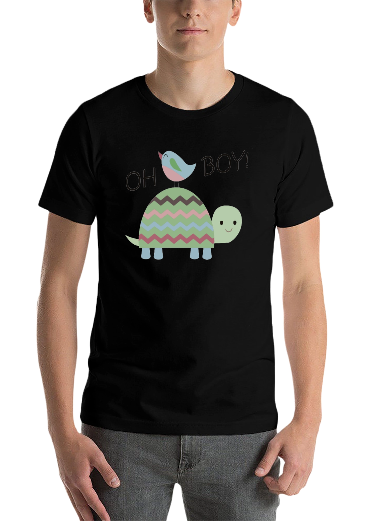 Black Whimsical Turtle & Bird Graphic Tee - Men's Black Cotton T-Shirt view 7