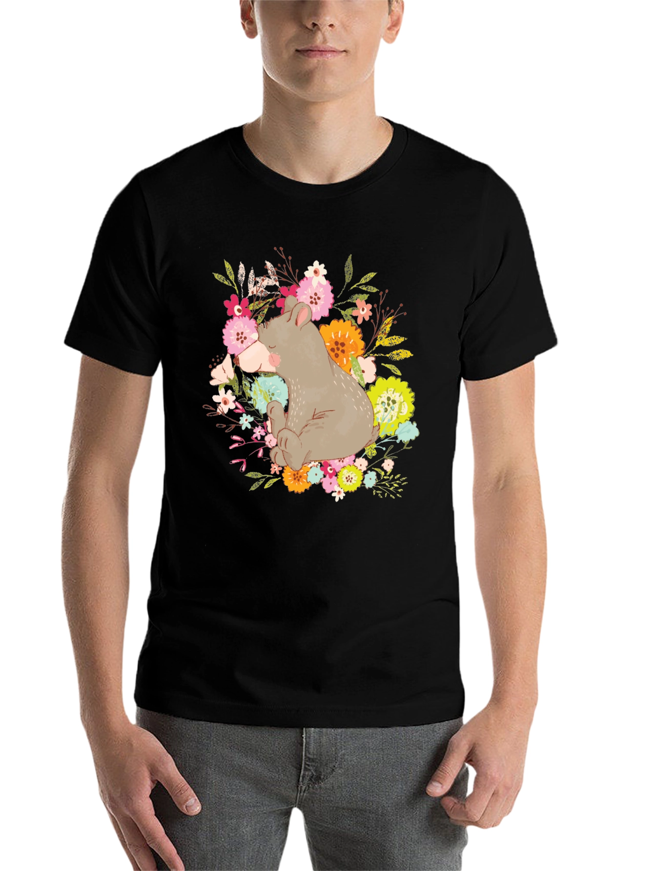Black Cute Bear Floral T-Shirt - Unisex Graphic Tee view 7