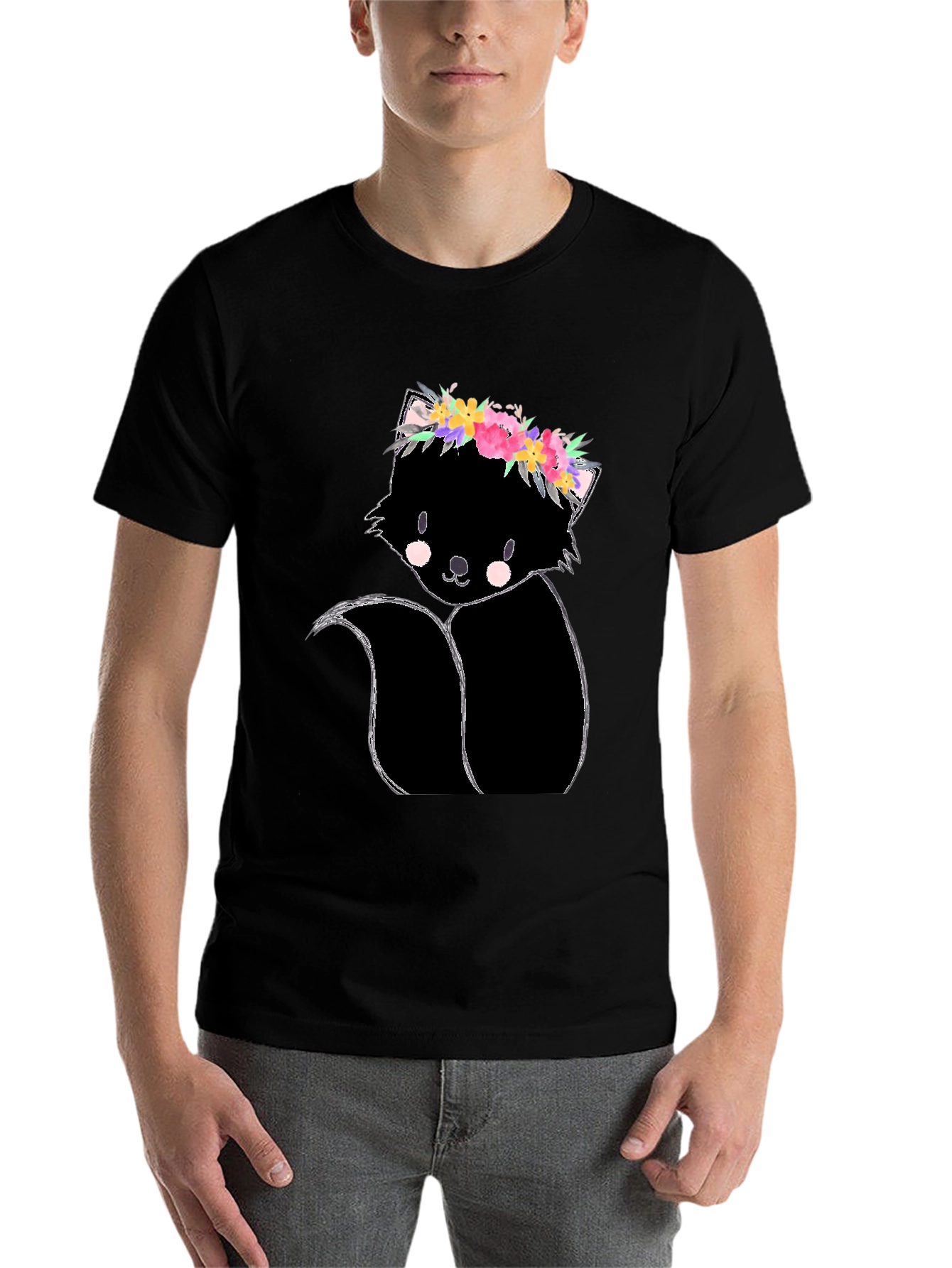 Black Floral Skunk Graphic Tee - Unisex Black T-Shirt view 7