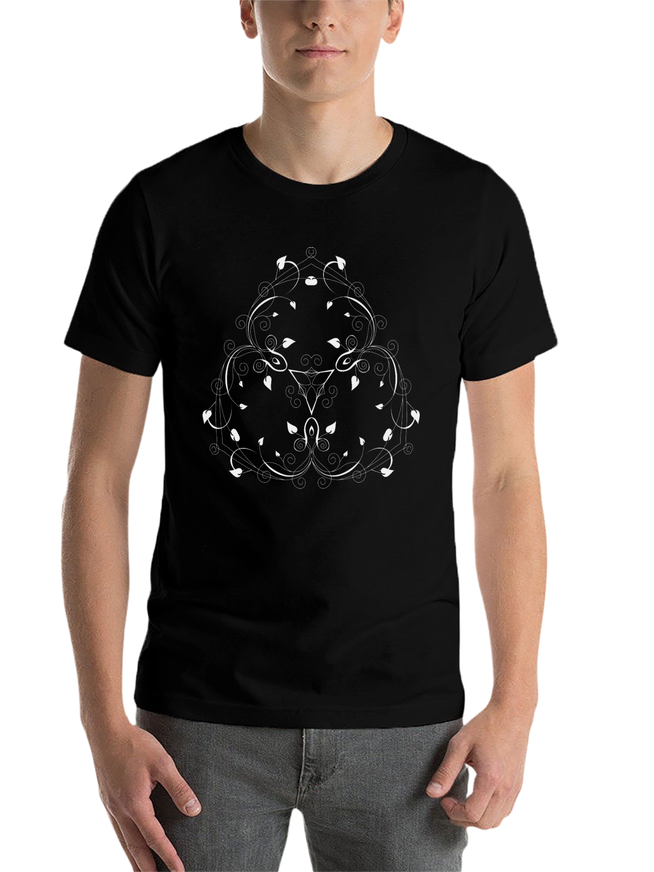 Black Elegant Black Tee with Floral Mandala Design view 7