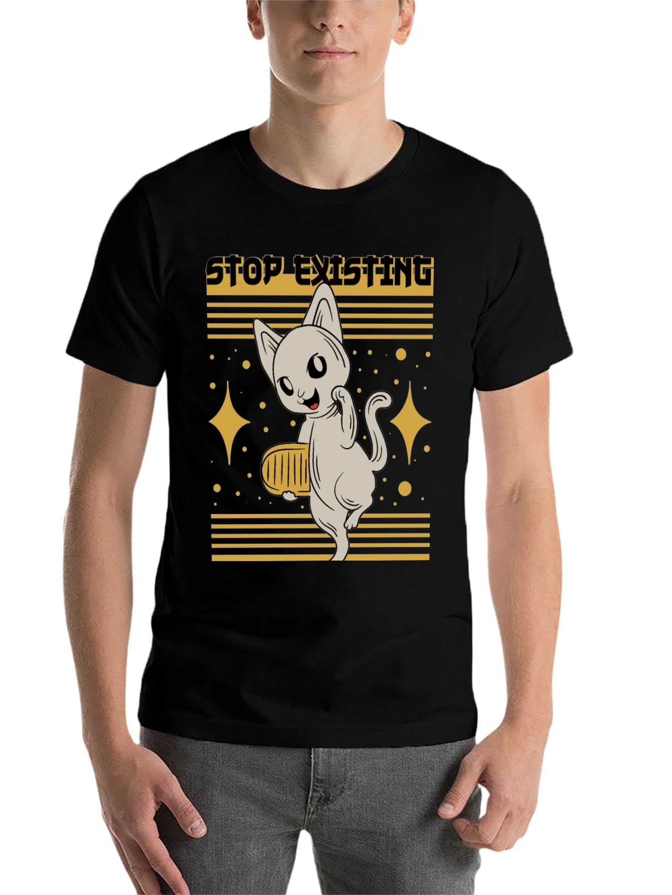 Black Stop Existing Cat Graphic Tee - Men's Black T-Shirt view 7