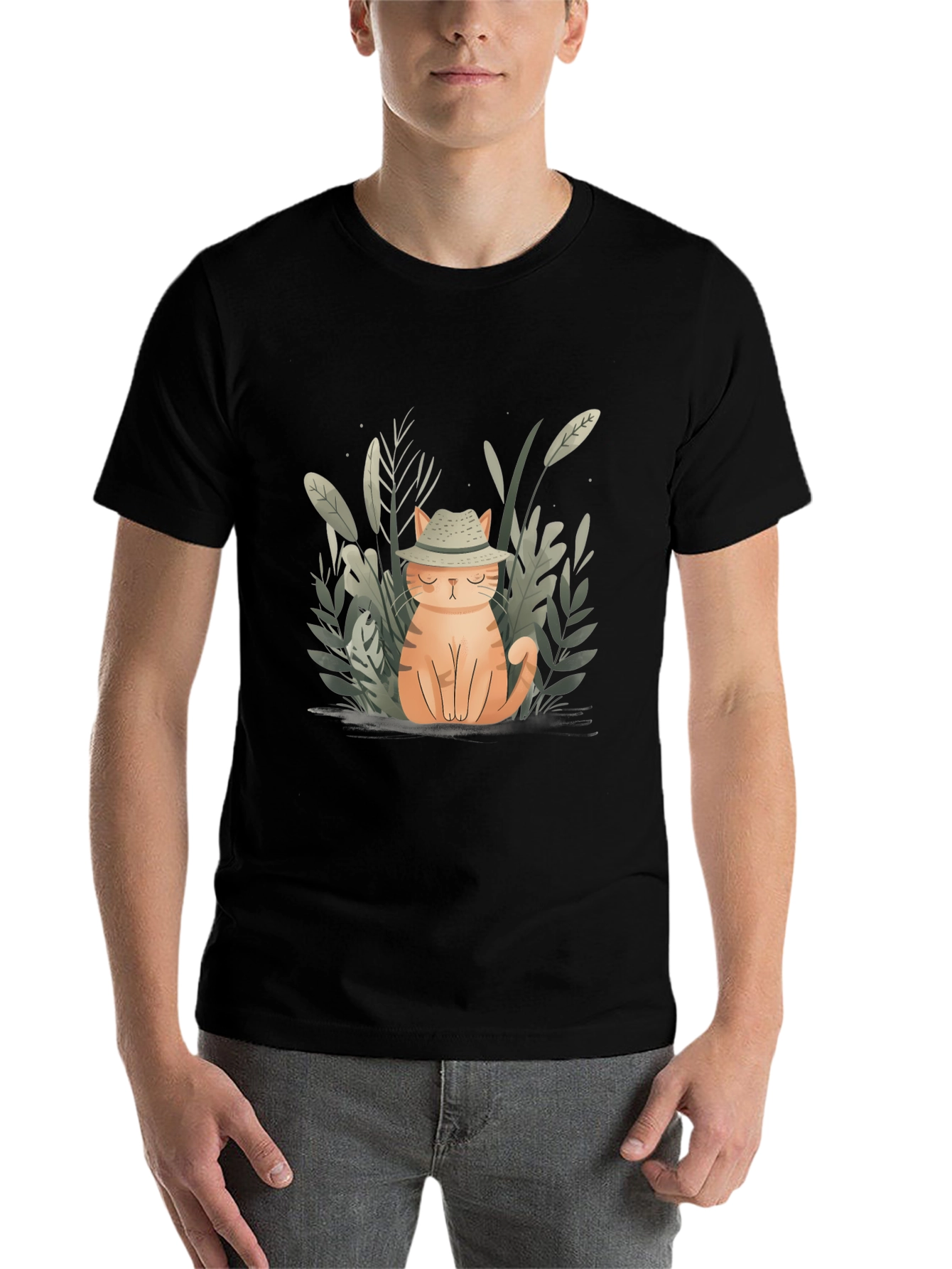 Black Cute Cat in Hat Graphic Tee - Unisex Black T-Shirt view 7