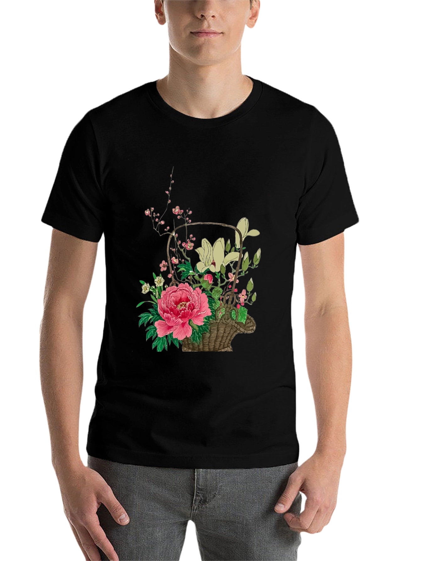 Black Floral Basket Graphic Tee - Stylish & Unique Design view 7