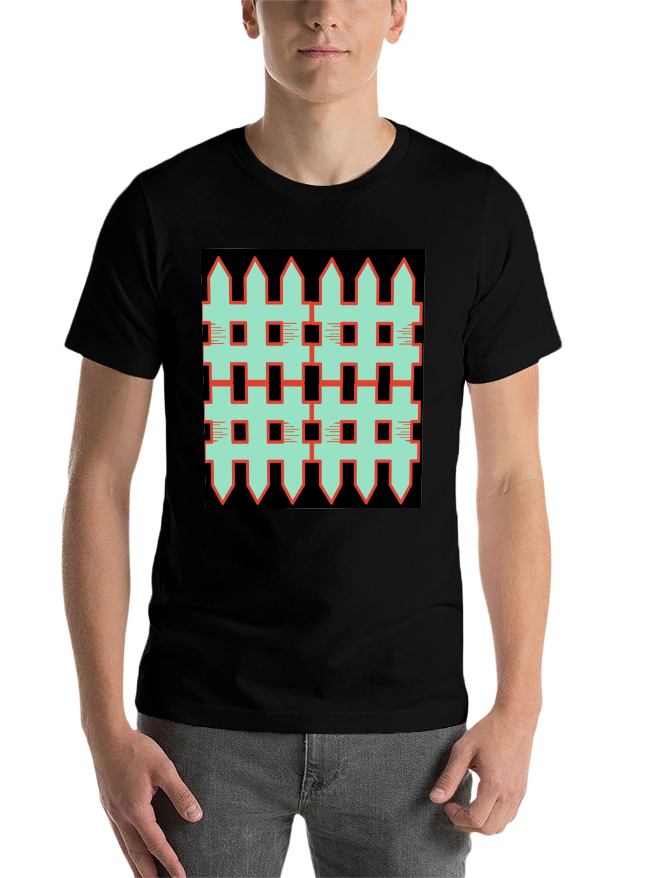 Black Unique Fence Pattern Graphic Tee - Black view 7