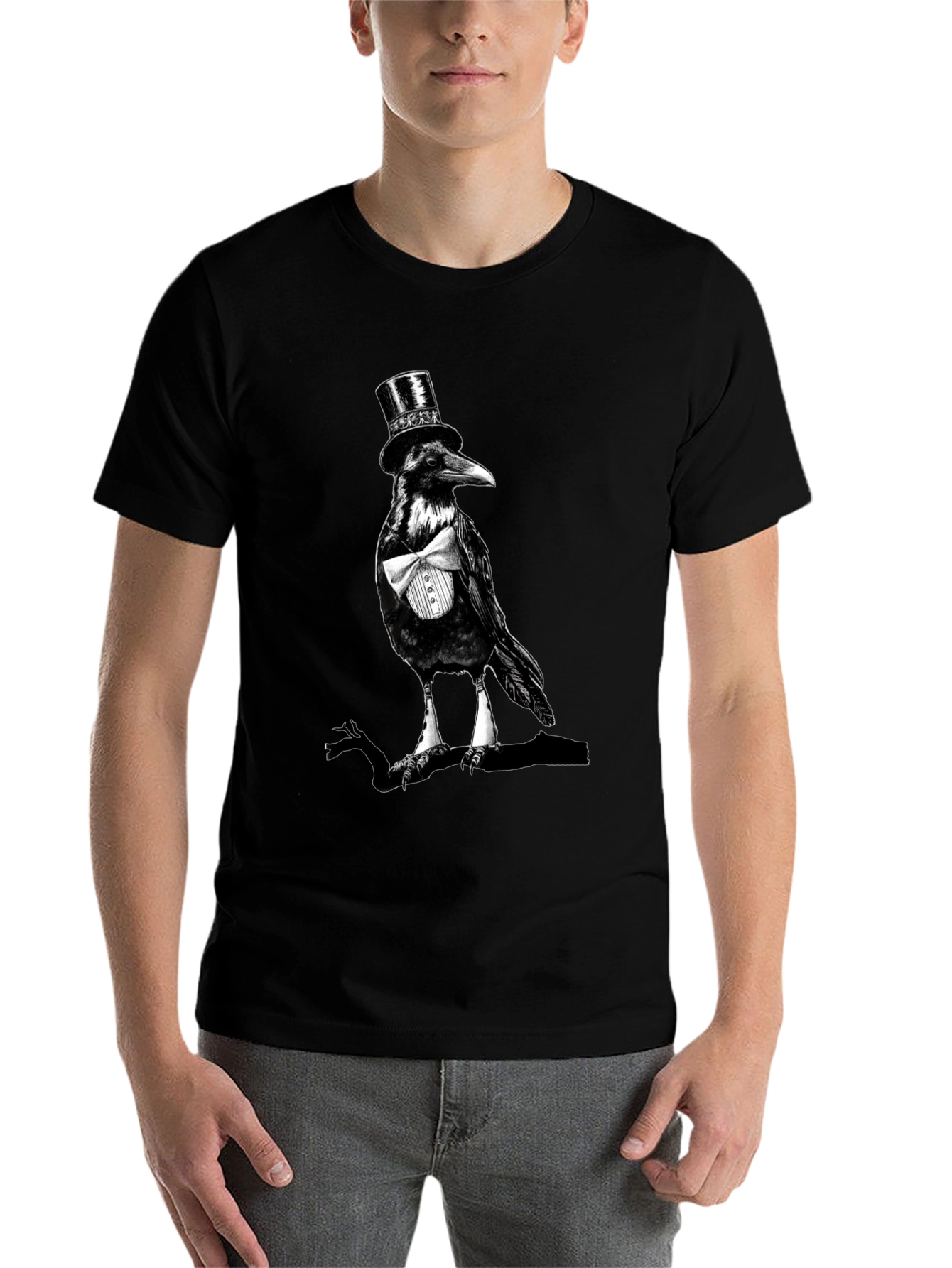 Black Raven Top Hat Bowtie T-Shirt, Mens Black Tee view 7