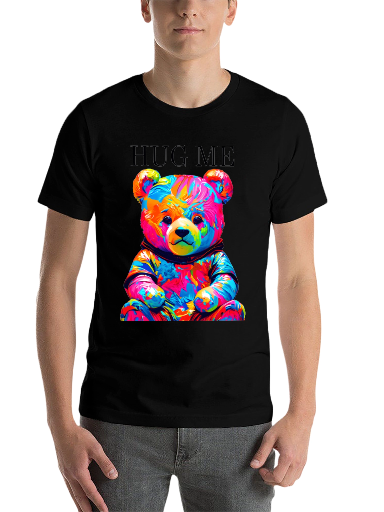 Black Colorful Teddy Bear Hug Me Graphic T-Shirt view 7