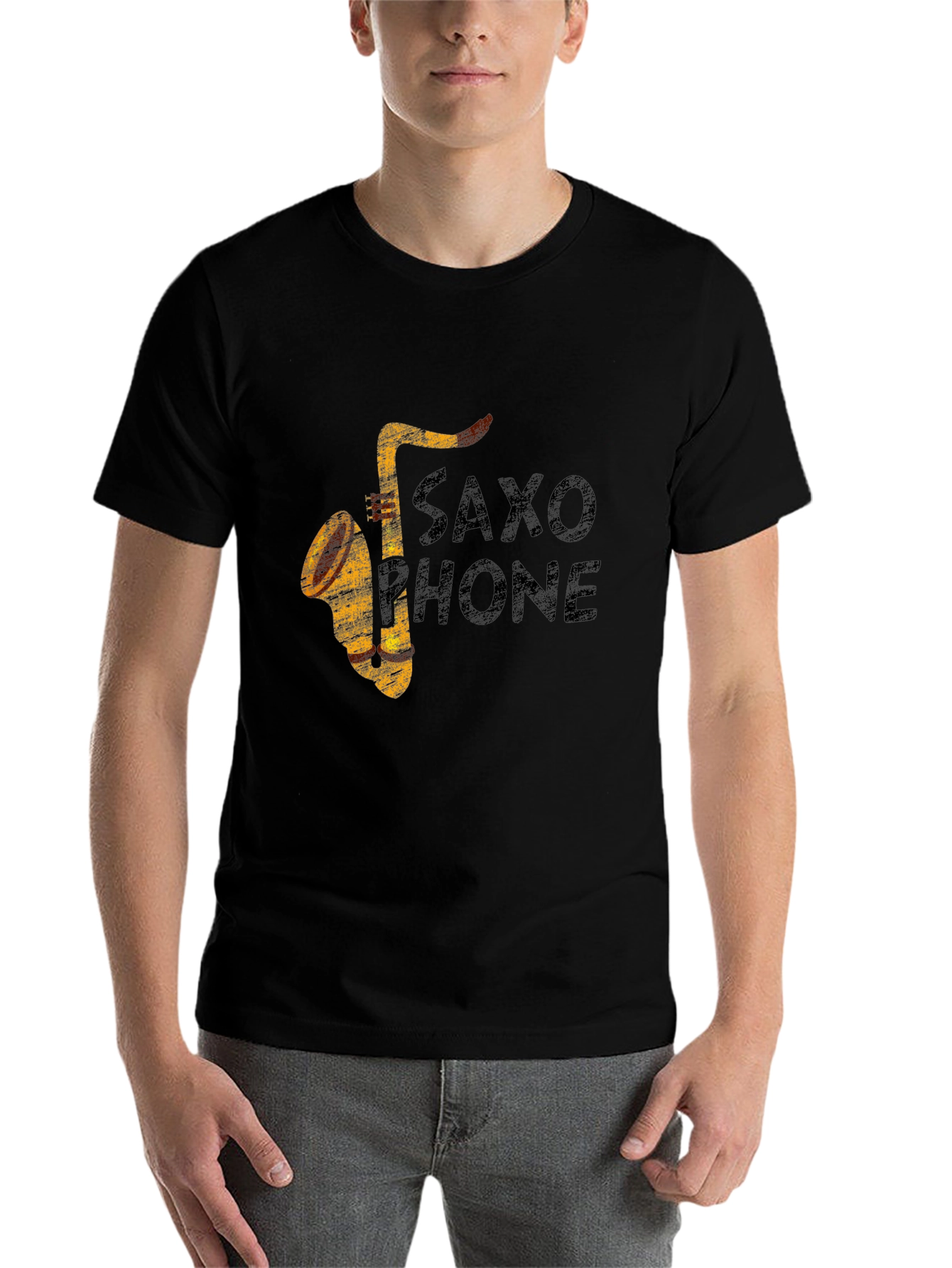 Black Vintage Saxophone Graphic Print Black T-Shirt view 7