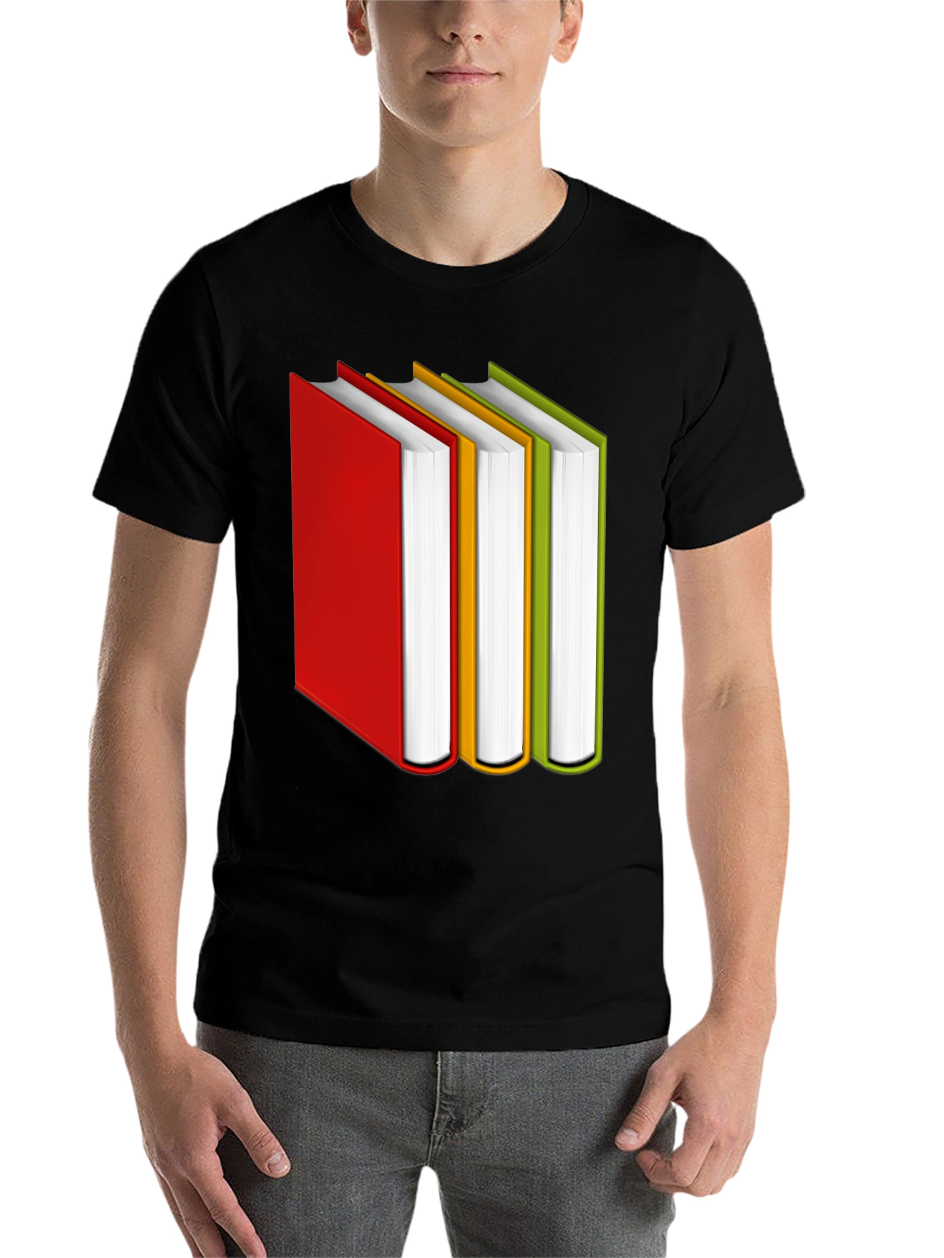 Black Book Lover's Tee: Colorful Book Stack Graphic T-Shirt view 7
