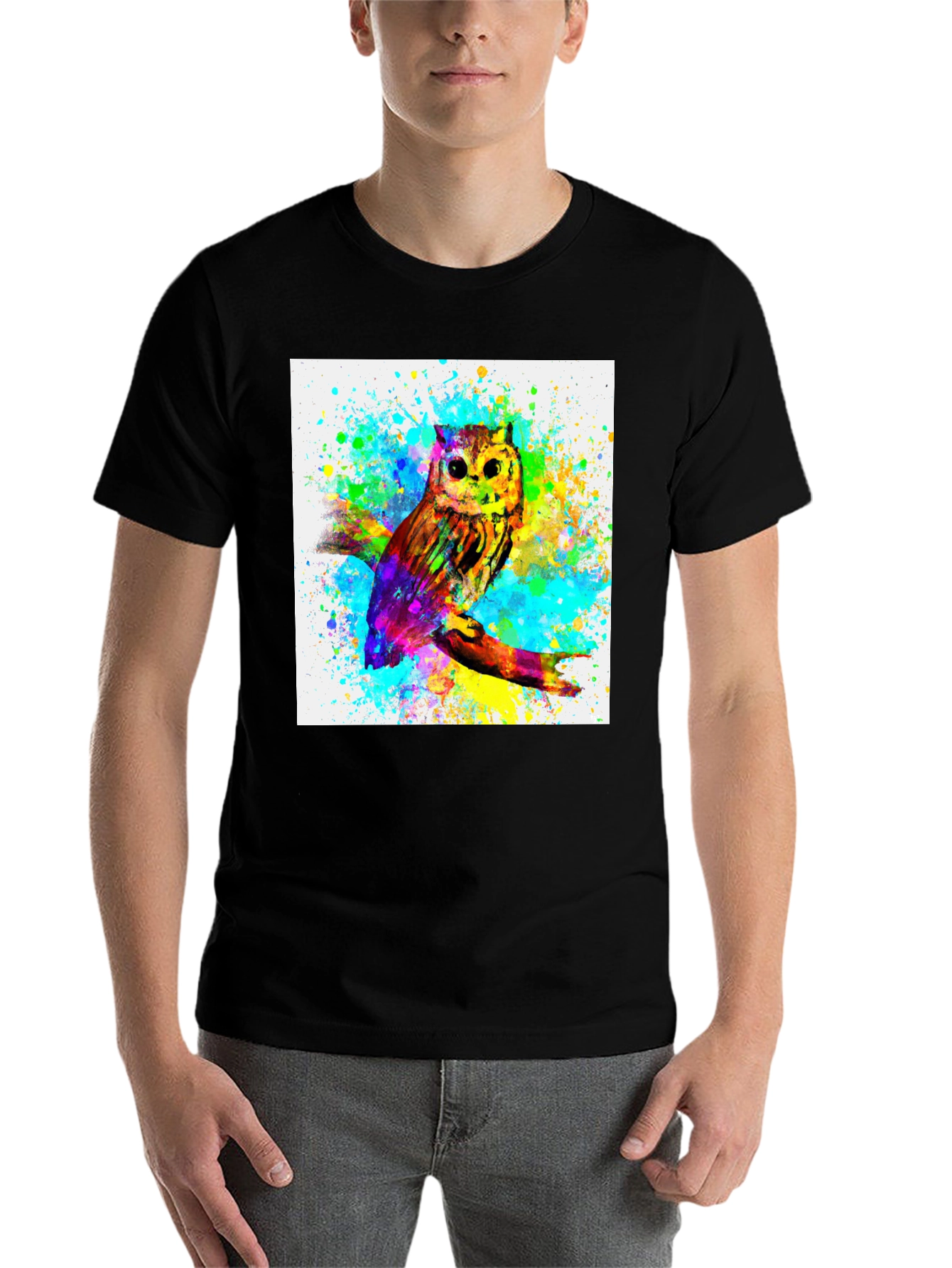 Black Watercolor Owl Graphic Black T-Shirt view 7