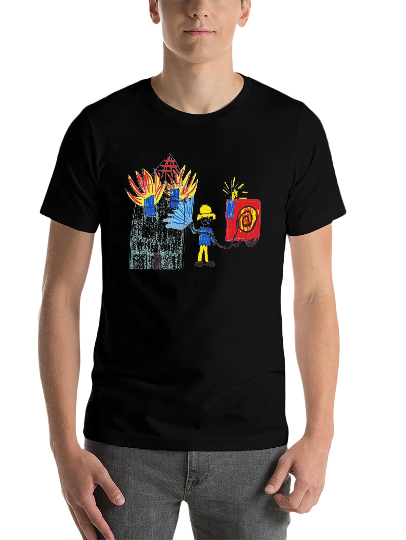 Black Fireman Drawing Graphic Black T-Shirt view 7