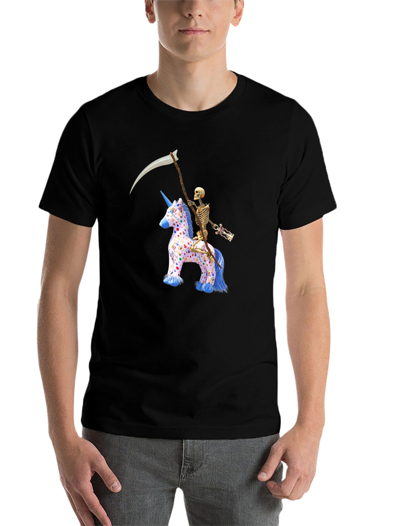 Black Skeleton Riding Unicorn T-Shirt view 7