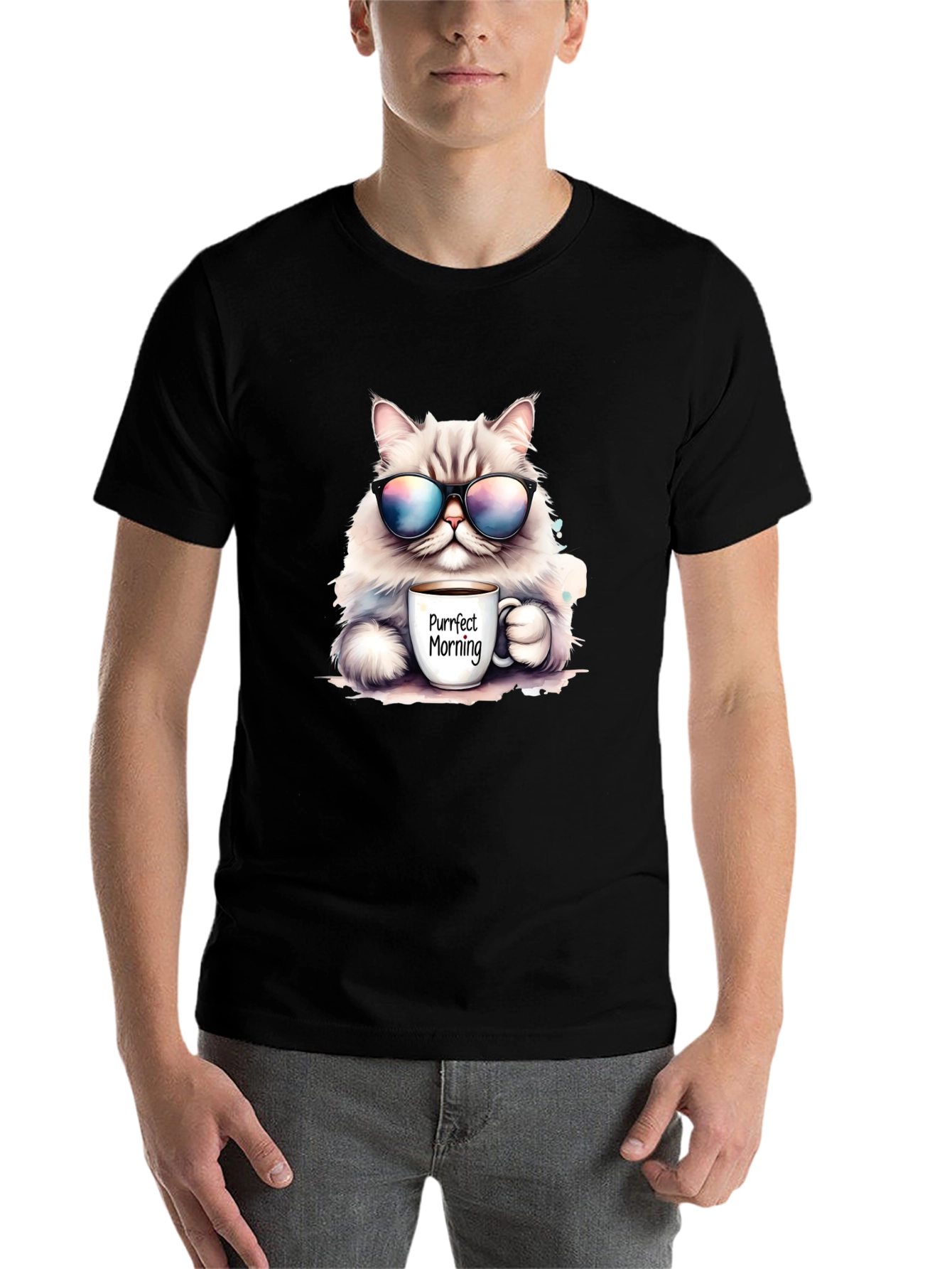 Black Purrfect Morning Cat T-Shirt view 7