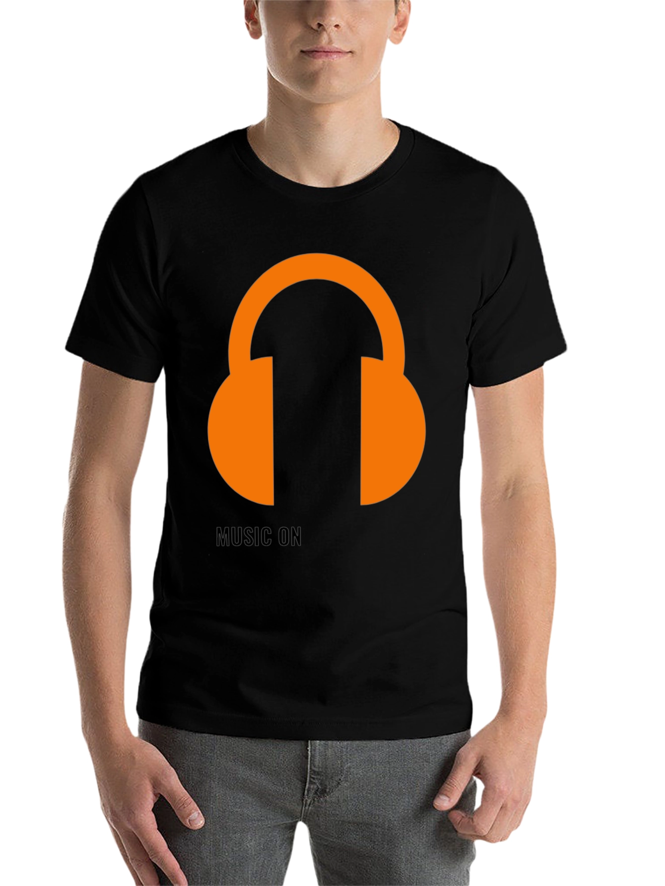 Black Music On T-Shirt: Orange Headphones Graphic Tee view 7