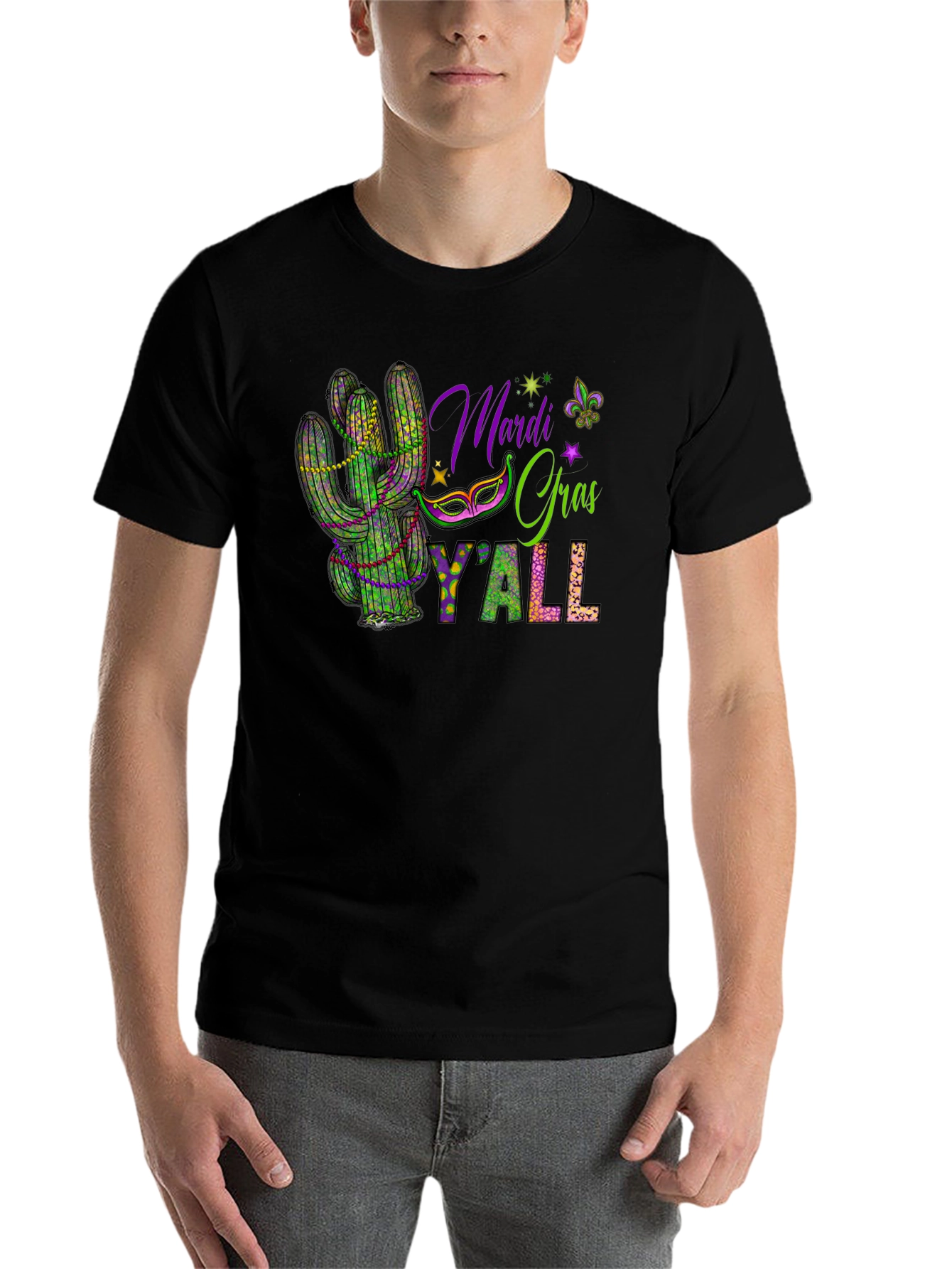 Black Mardi Gras Y'all Cactus T-Shirt view 7