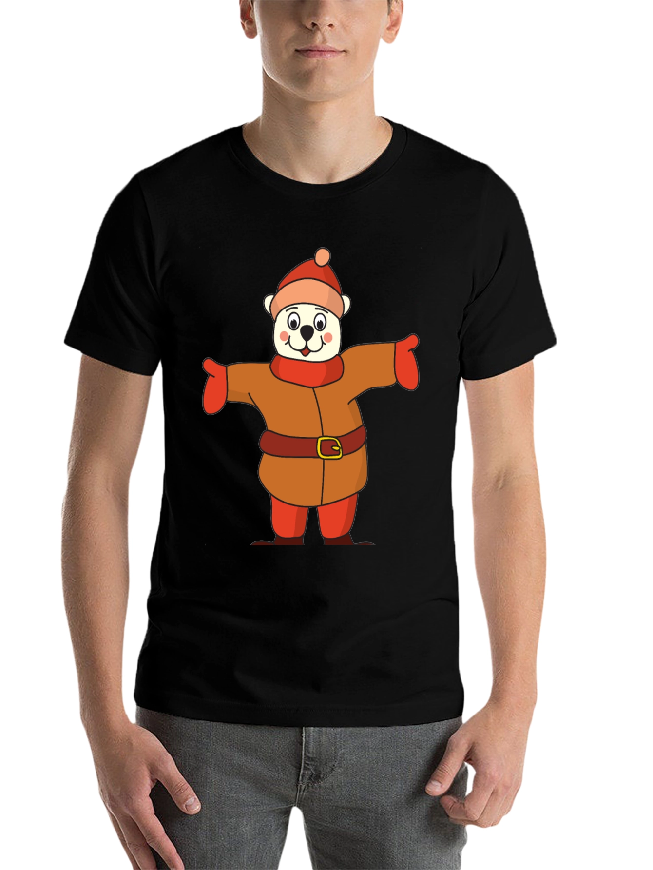 Black Cartoon Bear in Winter Outfit T-Shirt view 7
