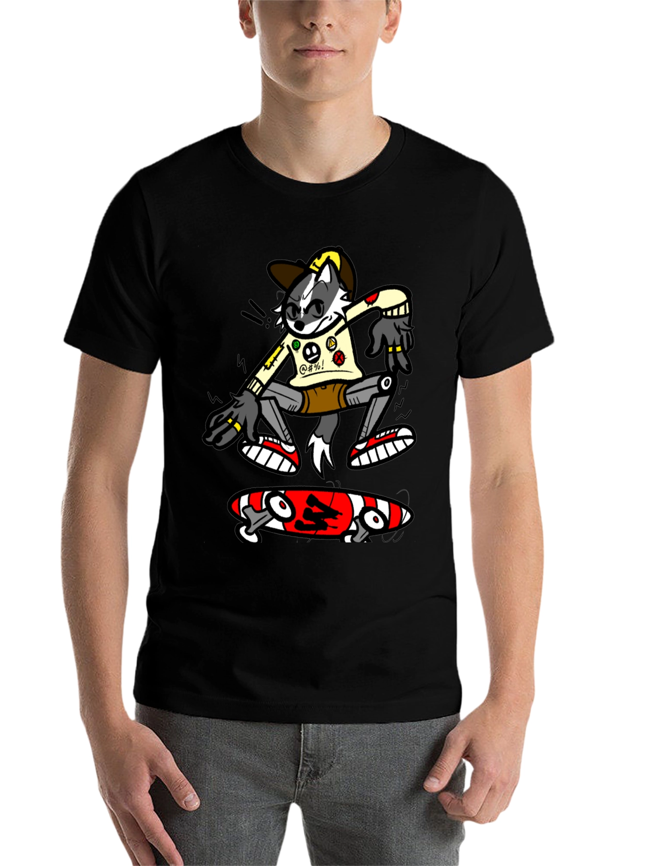 Black Cool Cartoon Skater Graphic Tee - Black Cotton T-Shirt view 7