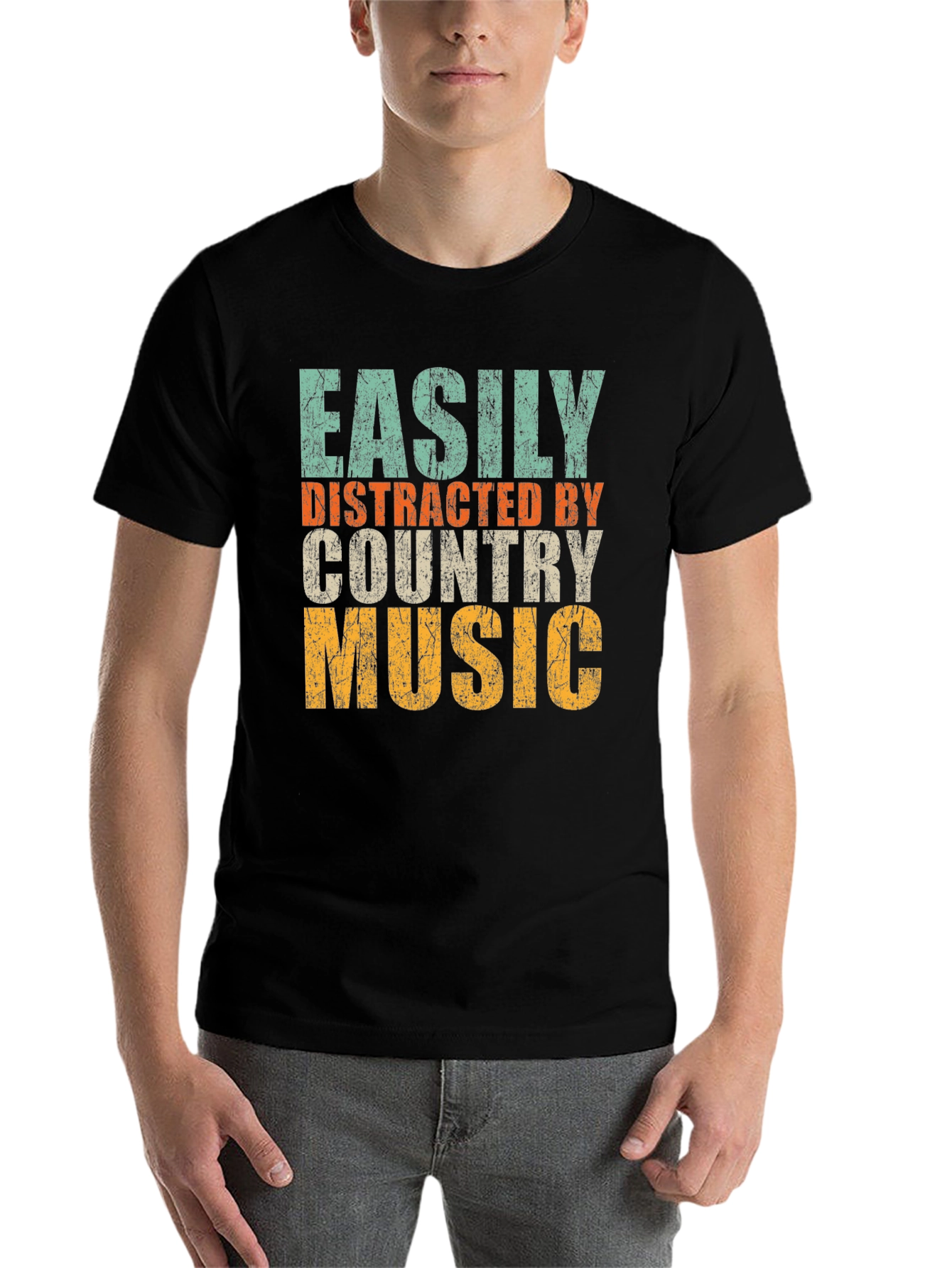 Black Easily Distracted By Country Music T-Shirt view 7