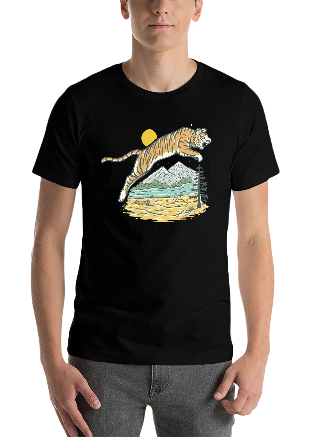 Black Tiger Landscape Graphic Black T-Shirt view 7