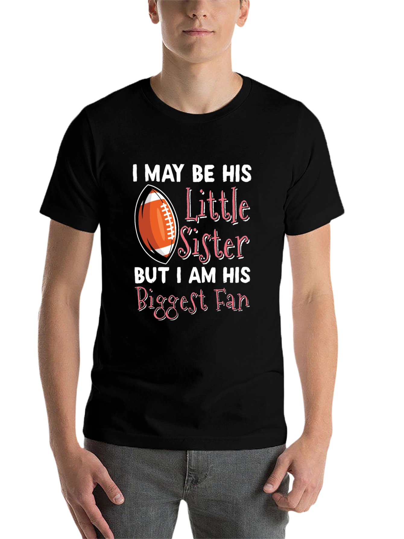 Black Little Sister Biggest Fan Football T-Shirt view 7