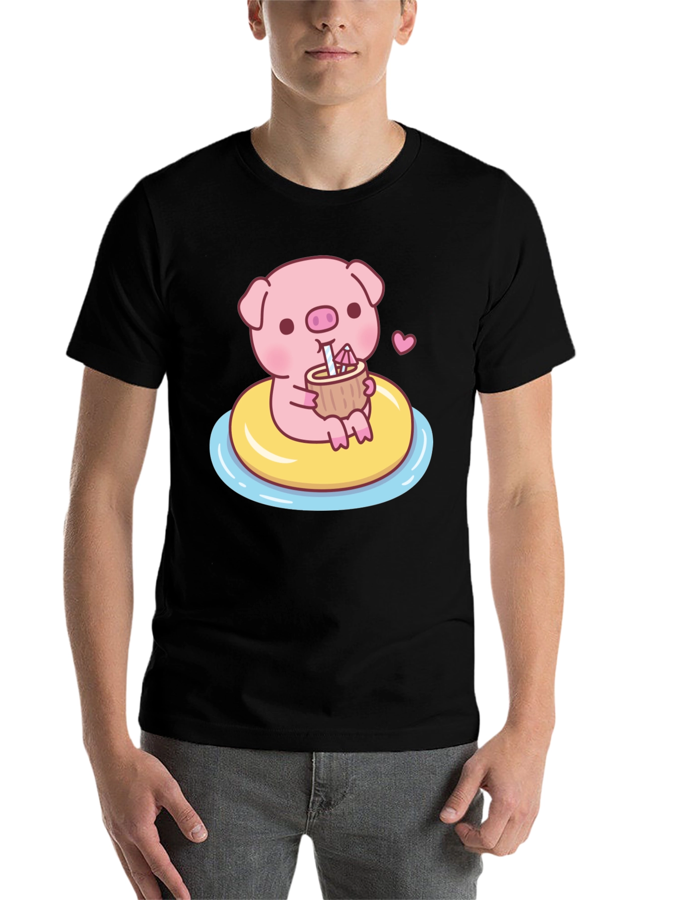 Black Cute Pig T-Shirt - Summer Float Fun view 7