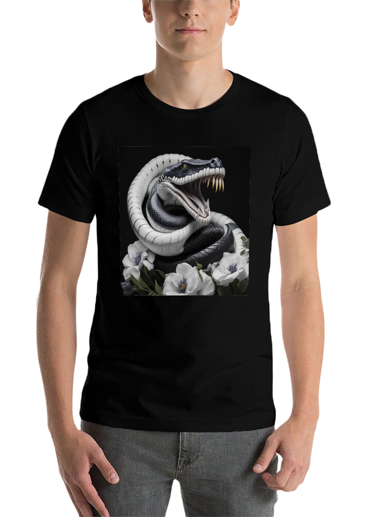 Black Snake & Floral Graphic Tee - Men's Black T-Shirt view 7