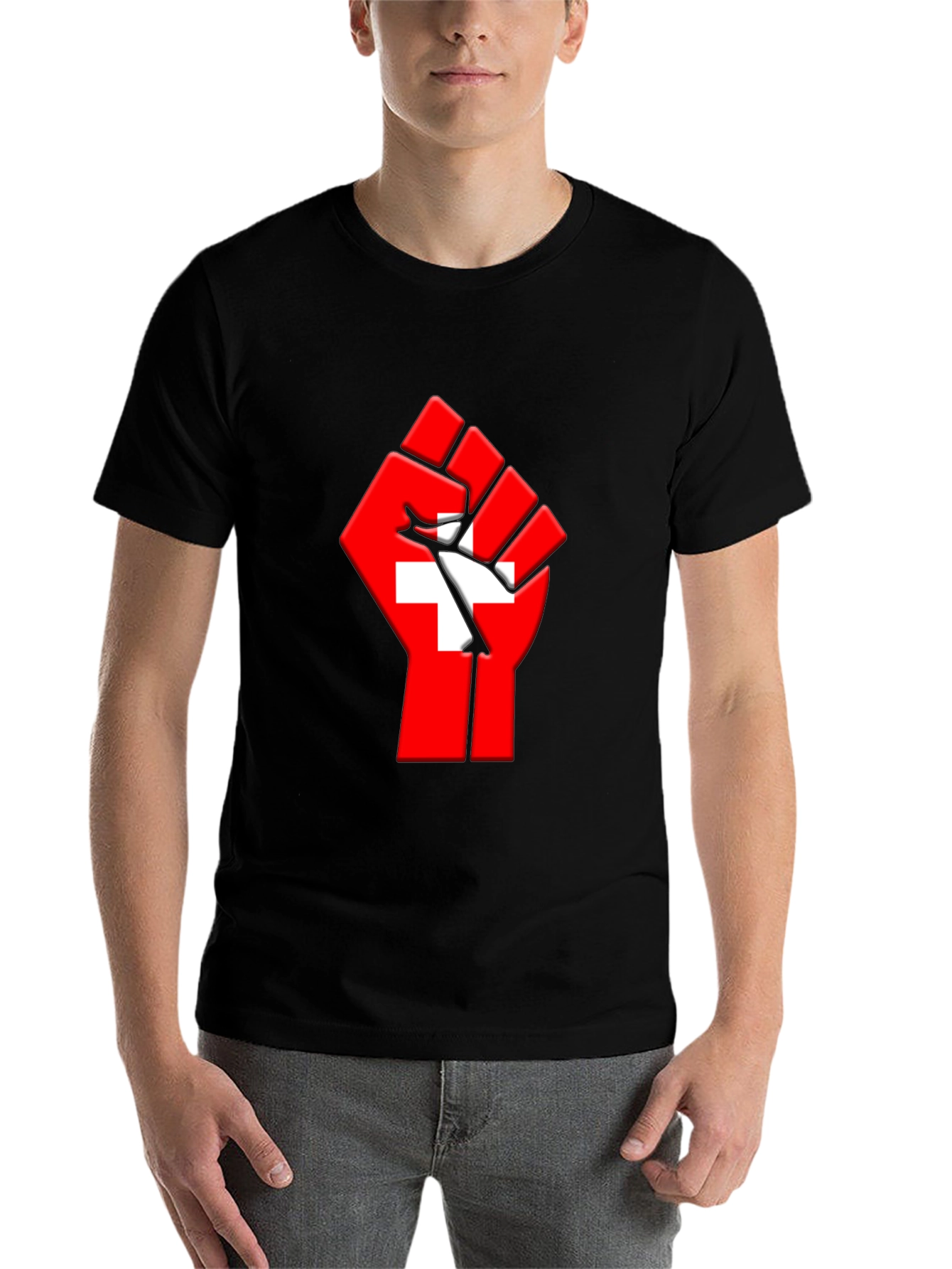 Black Switzerland Flag Fist Graphic T-Shirt view 7