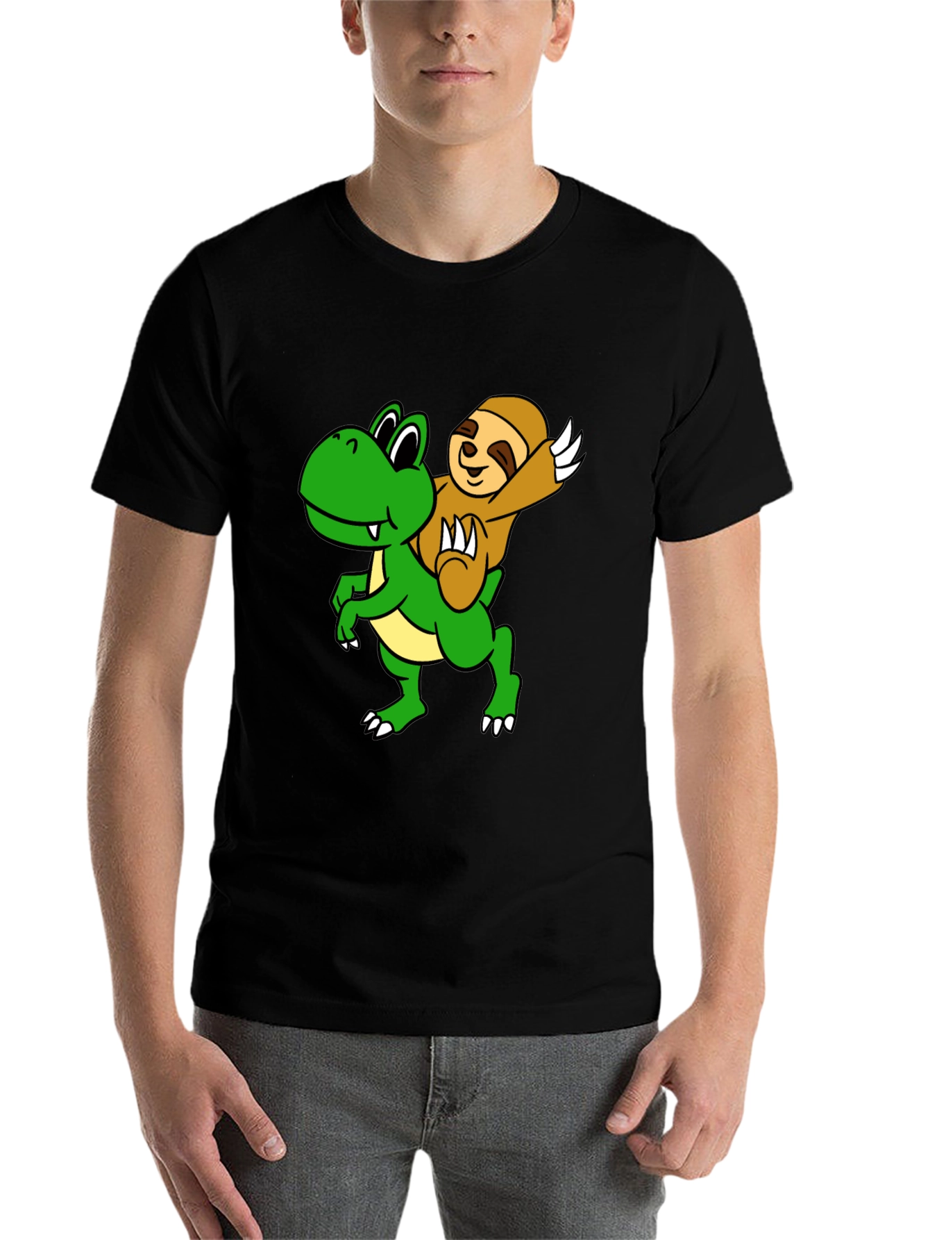 Black Sloth Riding Dinosaur Graphic Tee view 7