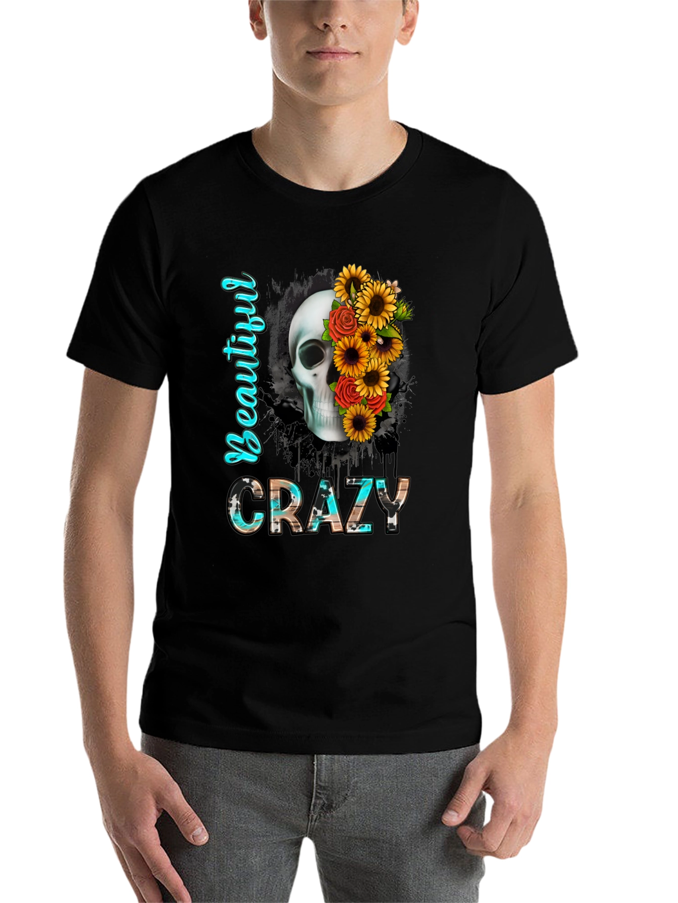 Black Beautiful Crazy Skull & Flowers Graphic Tee view 7