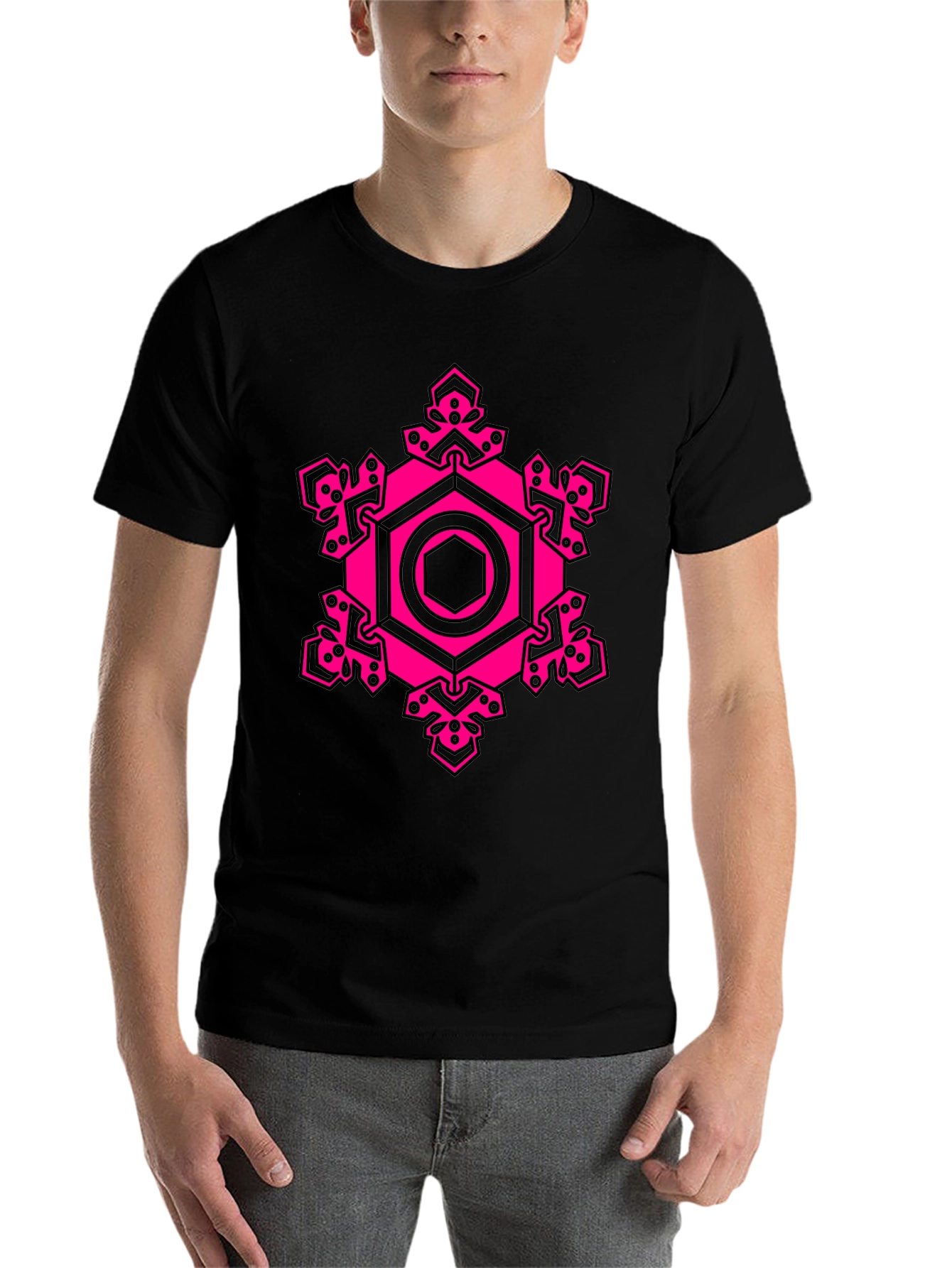 Black Geometric Pink Hexagon Graphic T-Shirt view 7